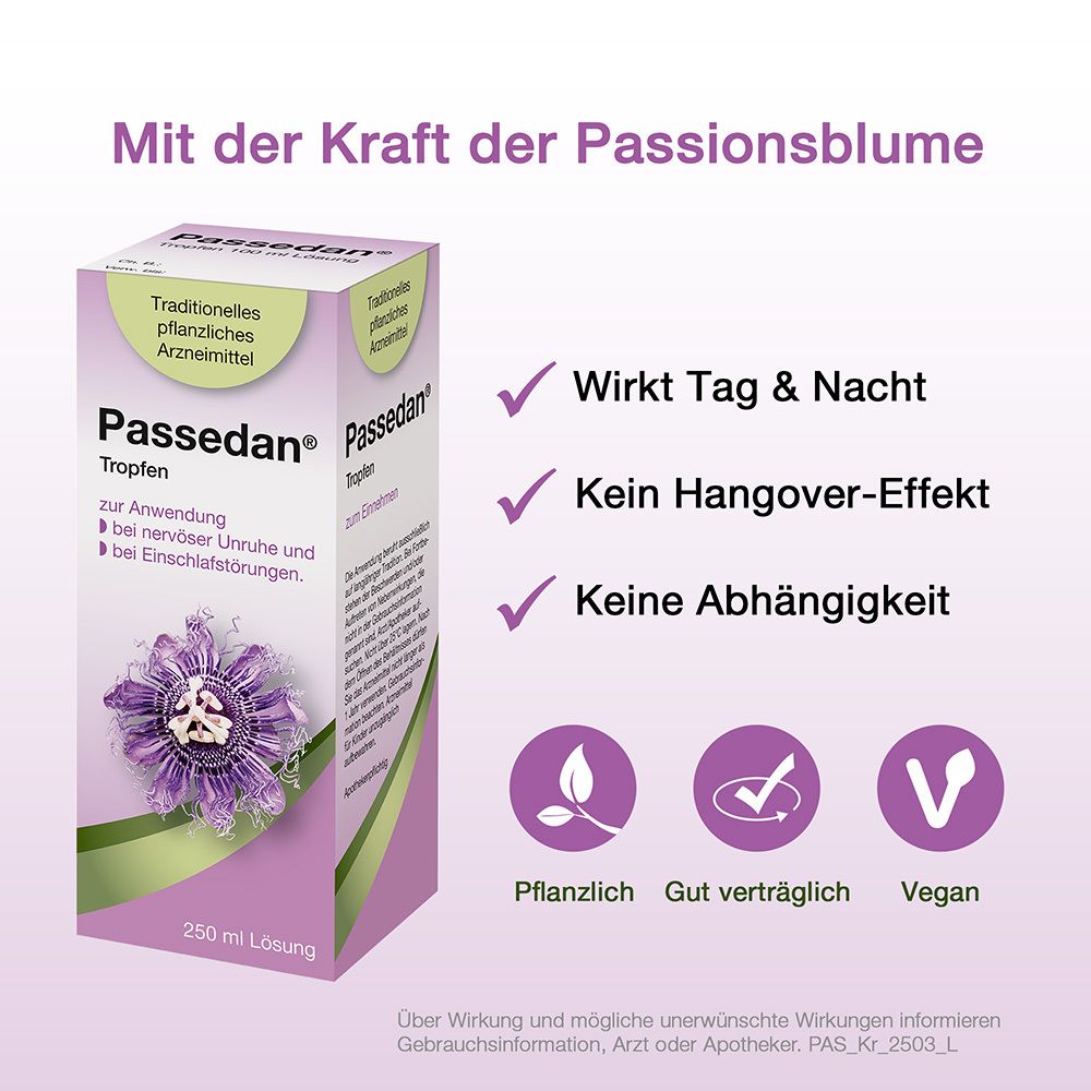 Infografik mit Text: Wirkt Tag & Nacht, Kein Hangover-Effekt, Keine Abhängigkeit. Symbole: Pflanzlich, Gut verträglich, Vegan.