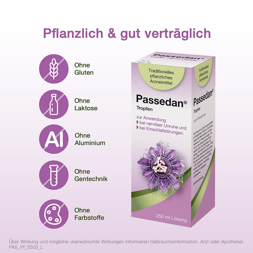 Braune Glasflasche mit Passedan® Tropfen. Weißes Etikett mit Produktnamen und Inhaltsangaben. Weißer Verschluss.