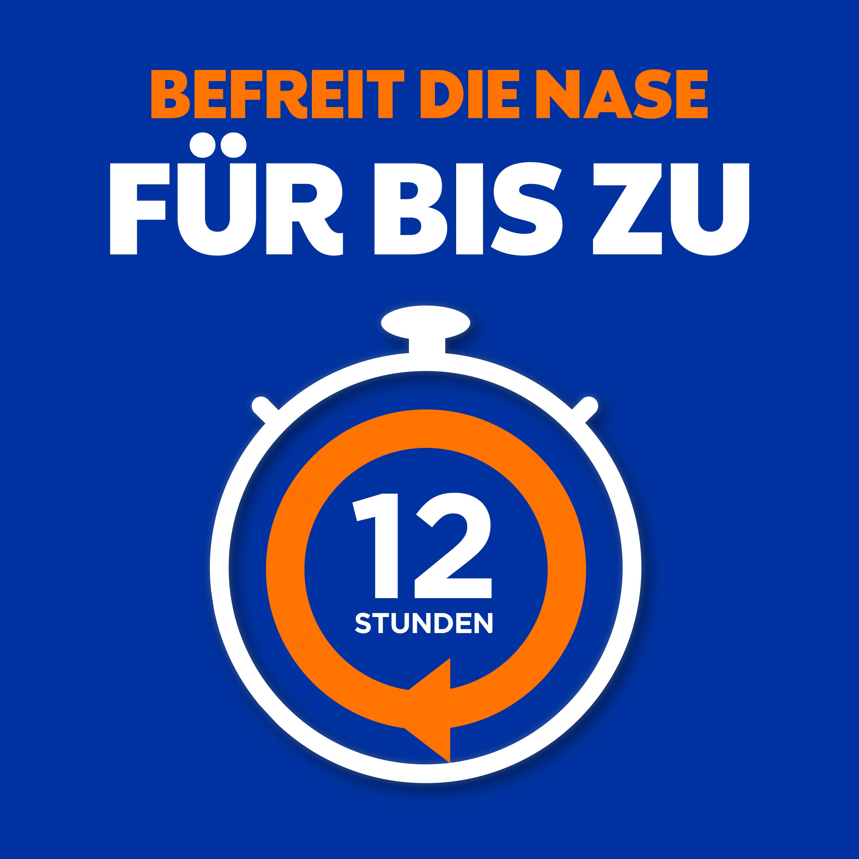 Stoppuhr mit Pfeil. Text: Befreit die Nase für bis zu 12 Stunden.