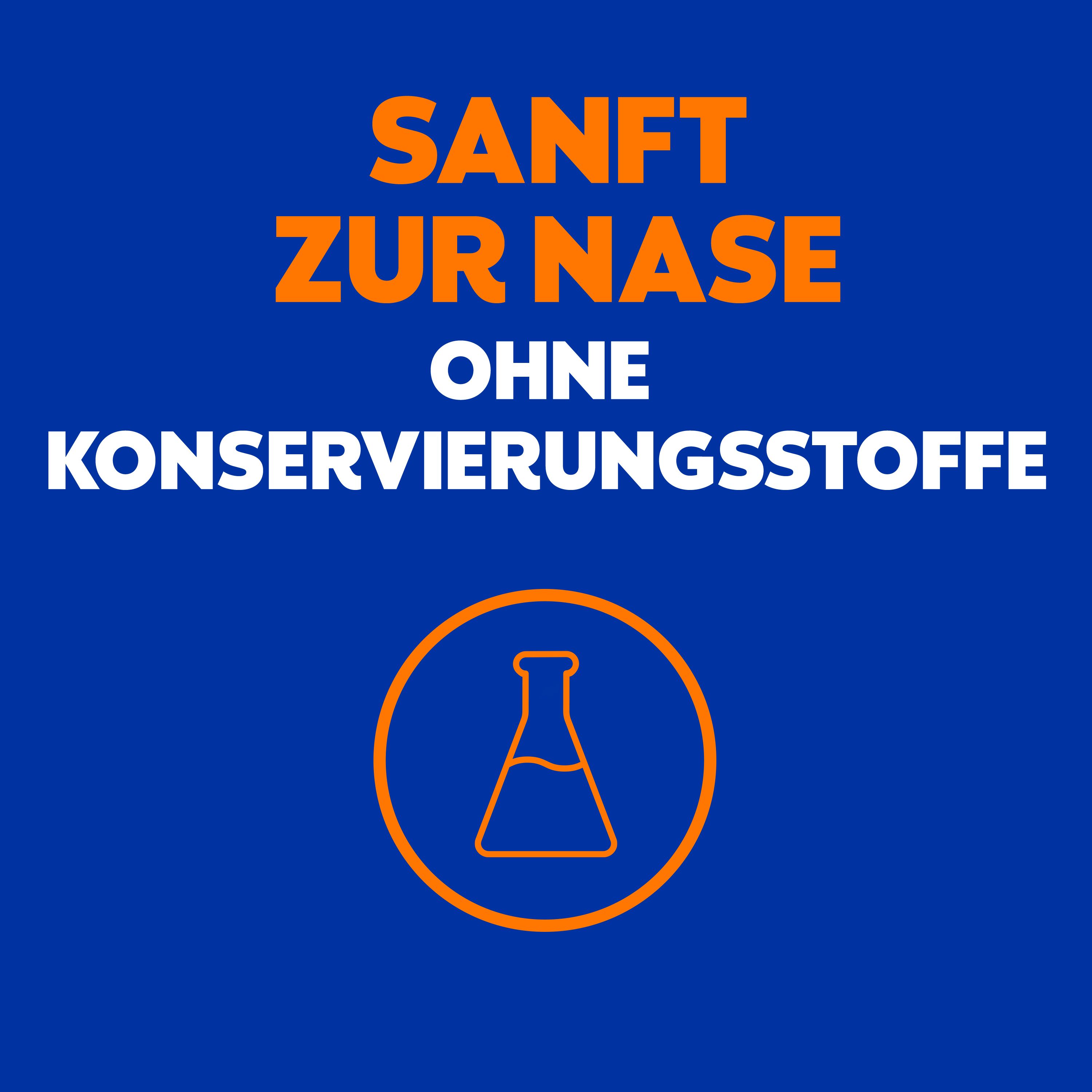 Becherglas-Symbol. Text: Sanft zur Nase ohne Konservierungsstoffe.