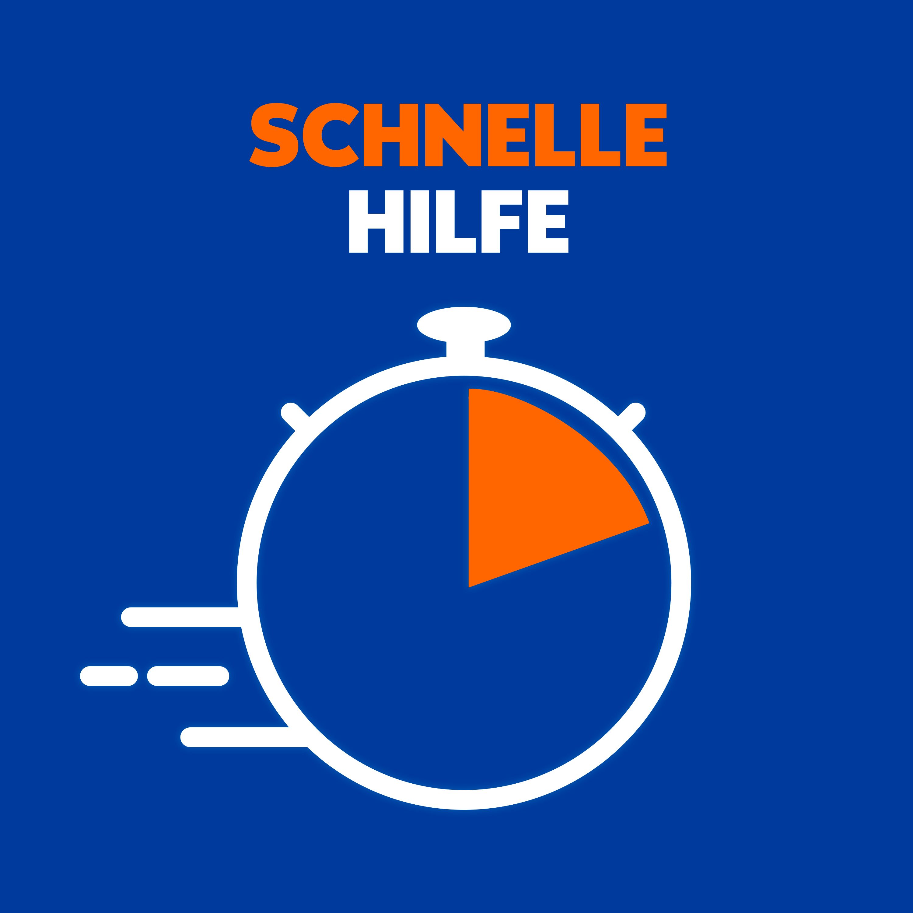 Stoppuhr mit Pfeil. Text: Schnelle Hilfe.