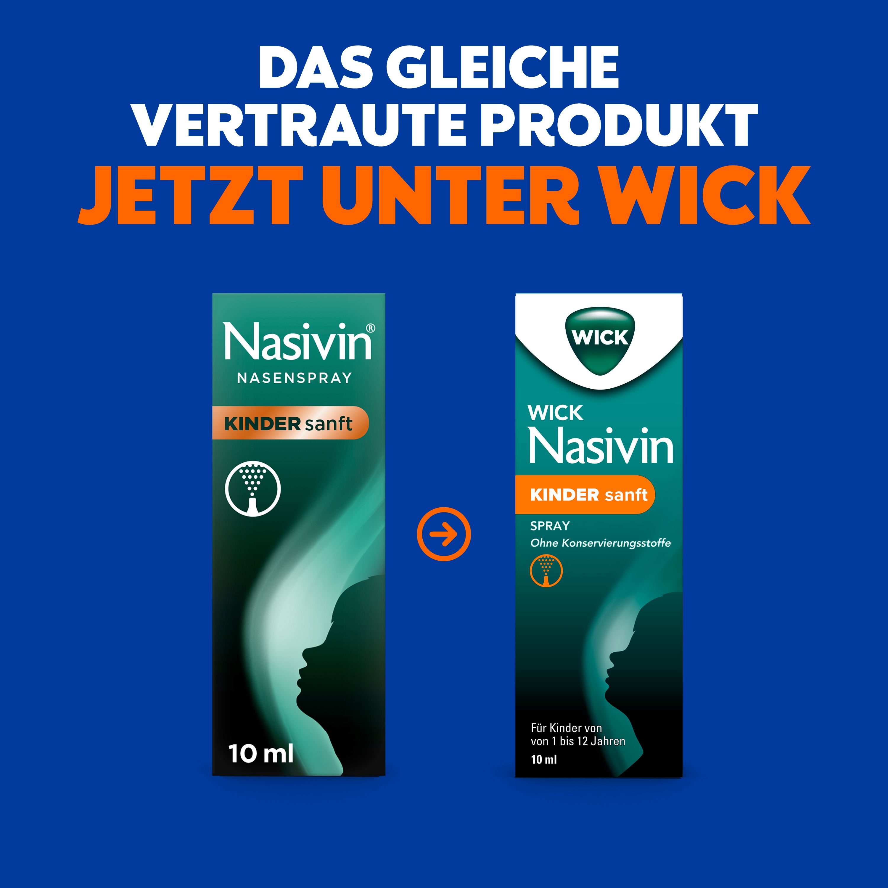 Vergleich von zwei Nasivin-Packungen. Text: Das gleiche vertraute Produkt jetzt unter WICK.