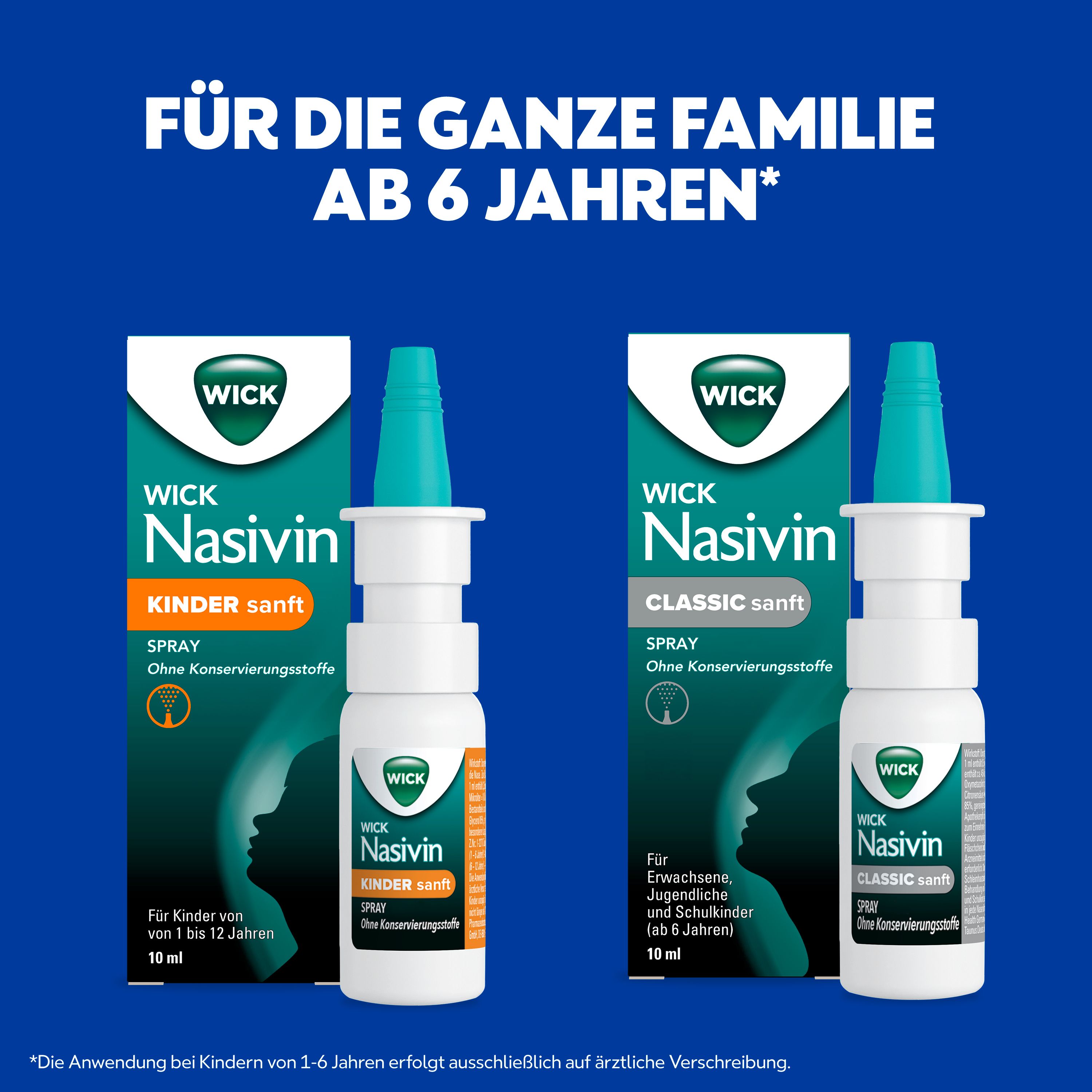 Zwei Nasenspray-Flaschen. Text: Für die ganze Familie ab 6 Jahren.