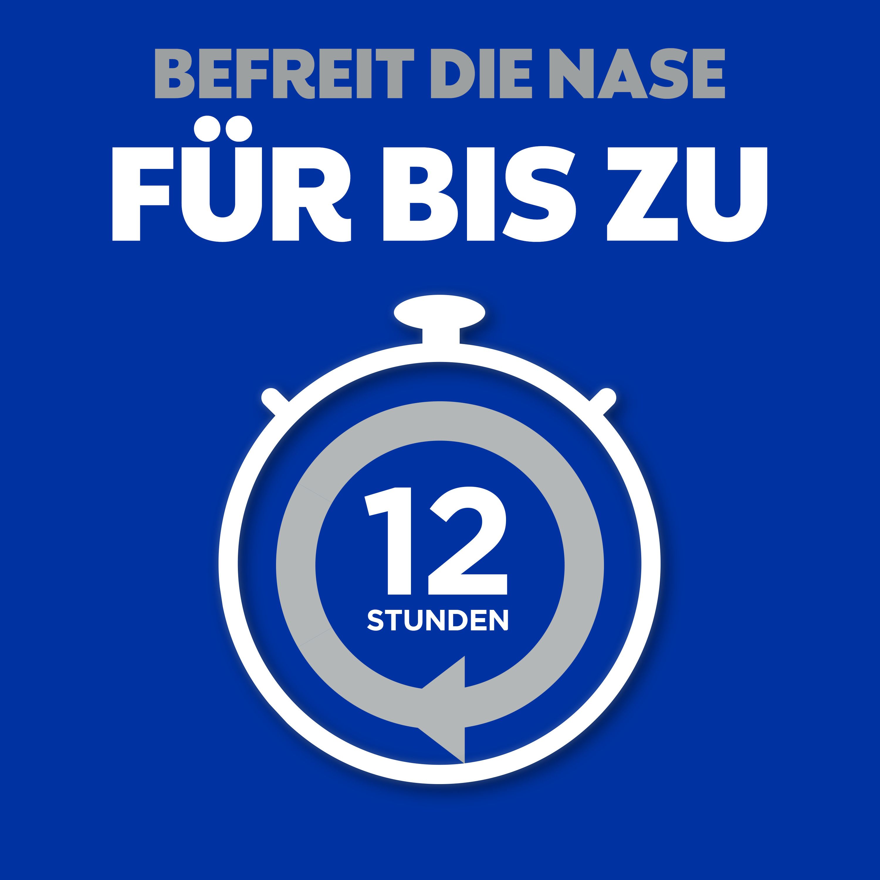 Blauer Hintergrund mit Stoppuhr-Symbol. Text: Befreit die Nase für bis zu 12 Stunden.