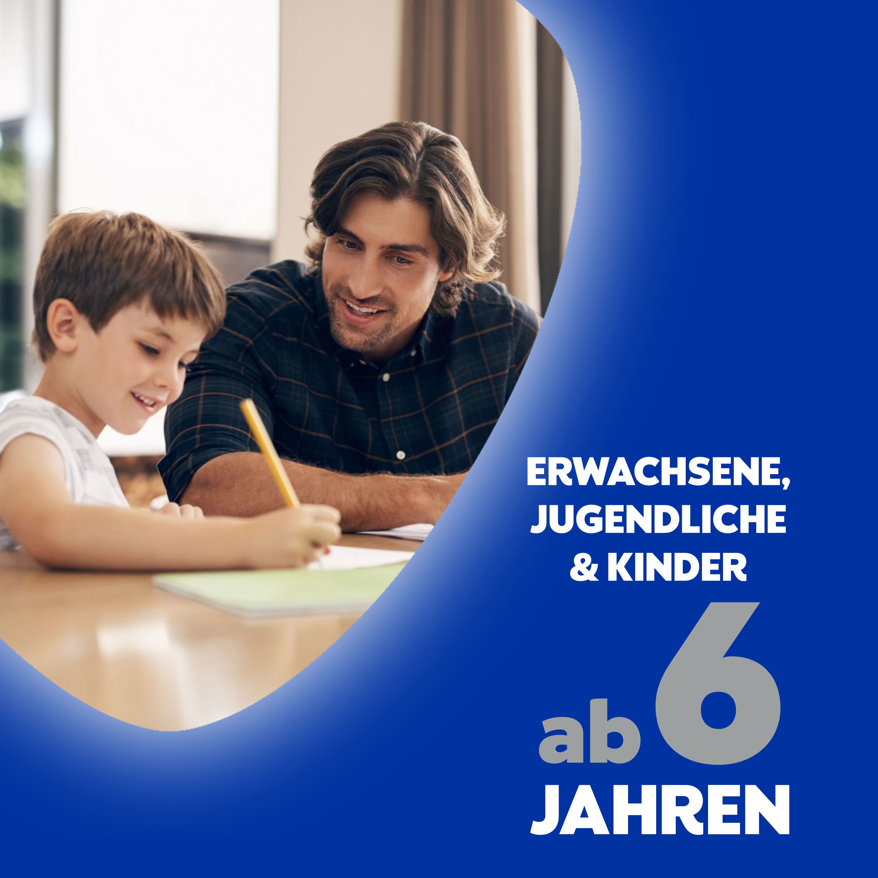 Mann und Kind am Tisch. Text: Für Erwachsene, Jugendliche & Kinder ab 6 Jahren.