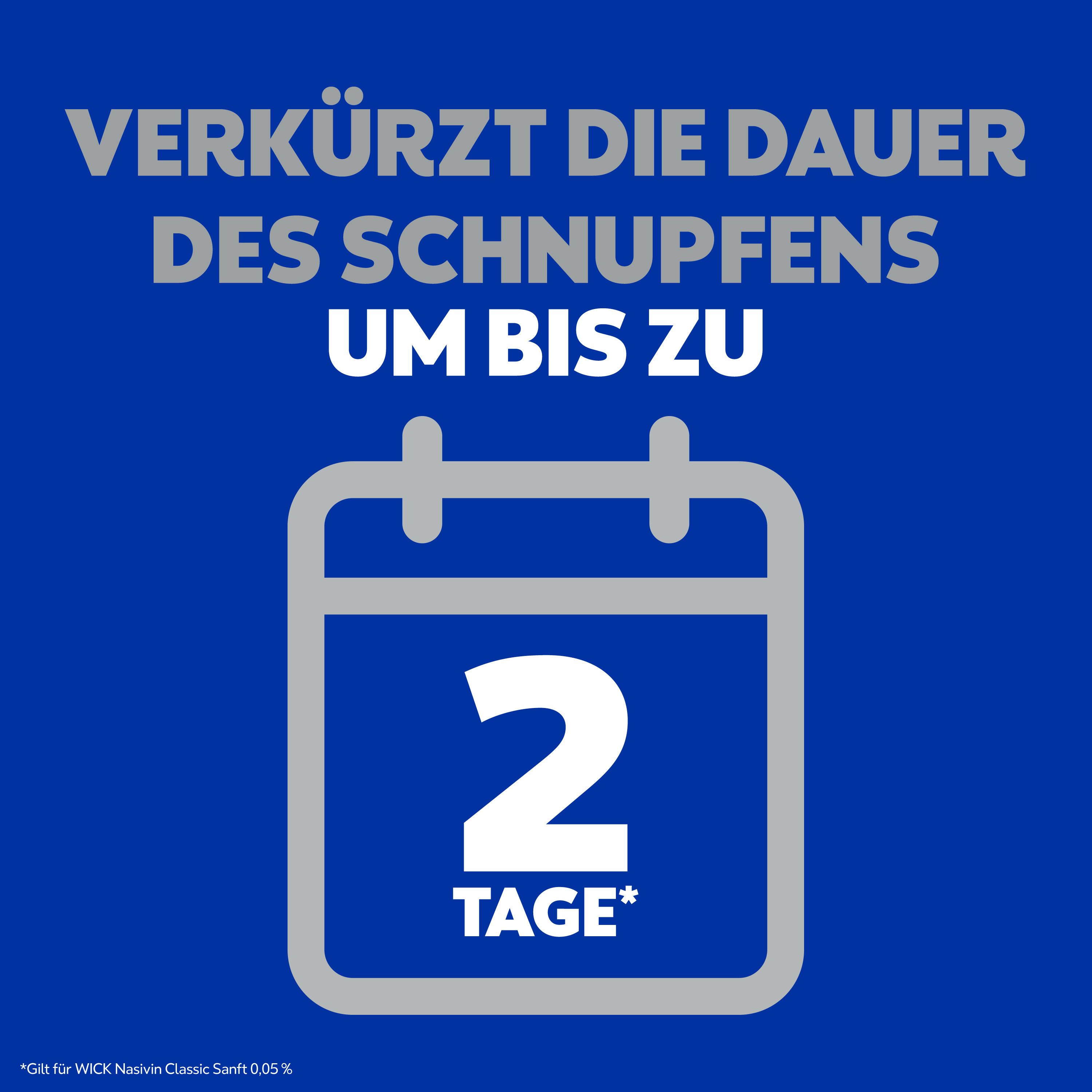 Kalender-Symbol. Text: Verkürzt die Dauer des Schnupfens um bis zu 2 Tage.