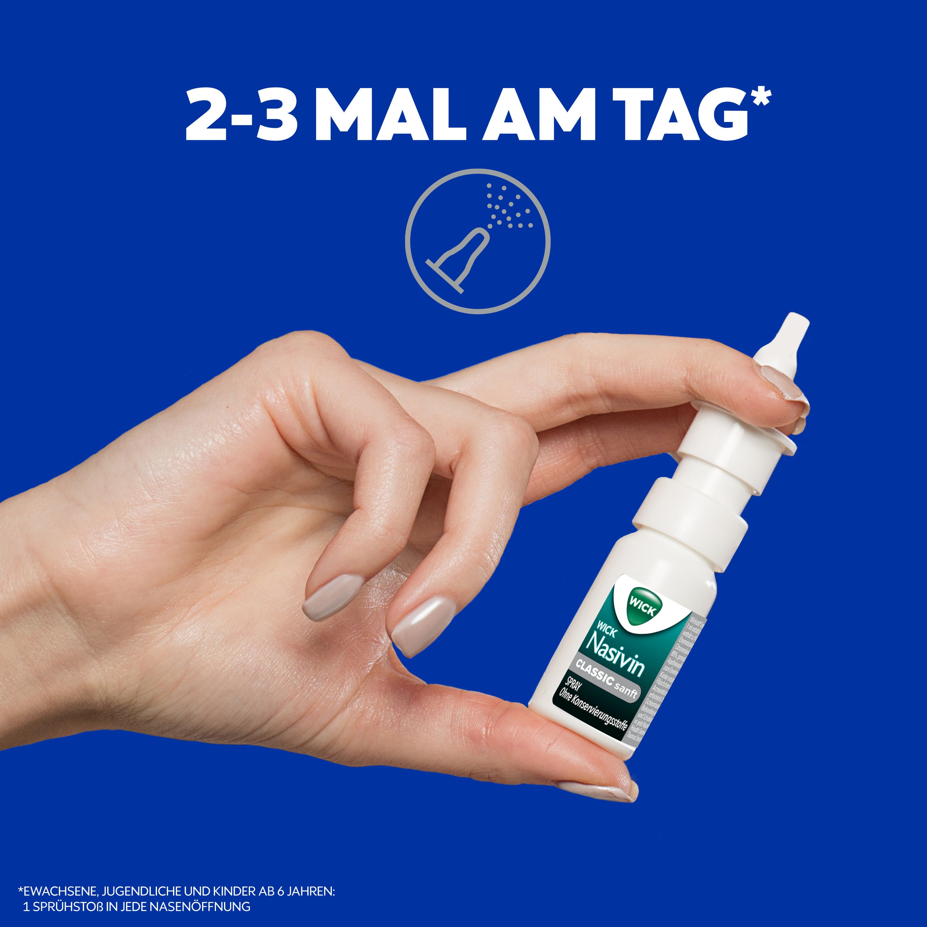 Hand hält Nasenspray. Text: 2-3 mal am Tag. WICK Nasivin Classic sanft, ohne Konservierungsstoffe.
