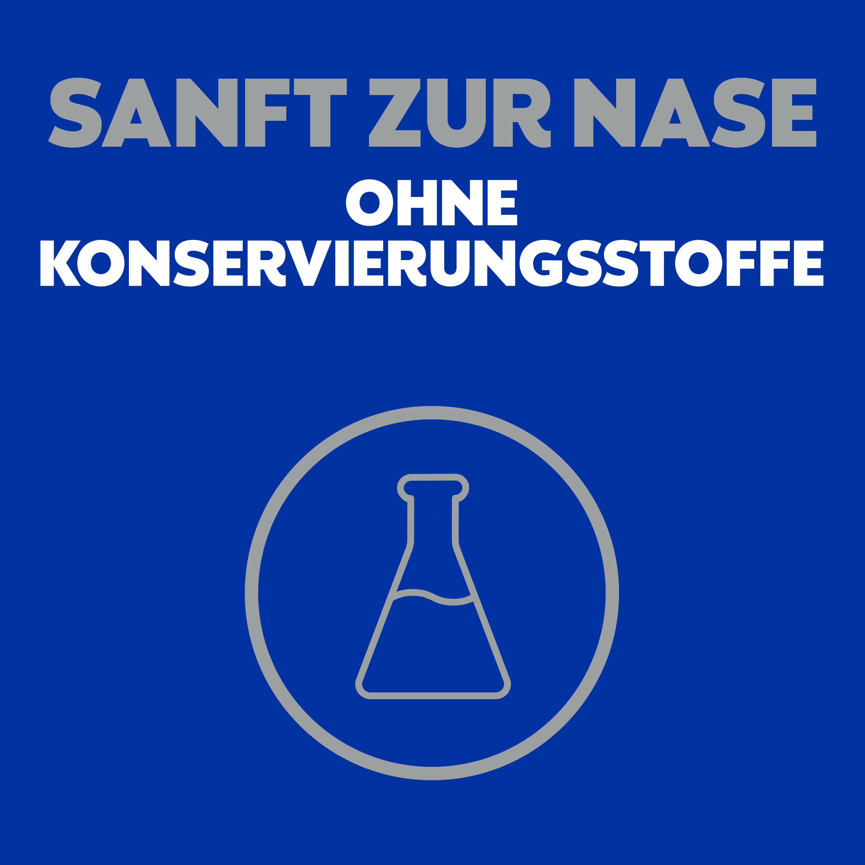 Blauer Hintergrund mit Labor-Symbol. Text: Sanft zur Nase, ohne Konservierungsstoffe.