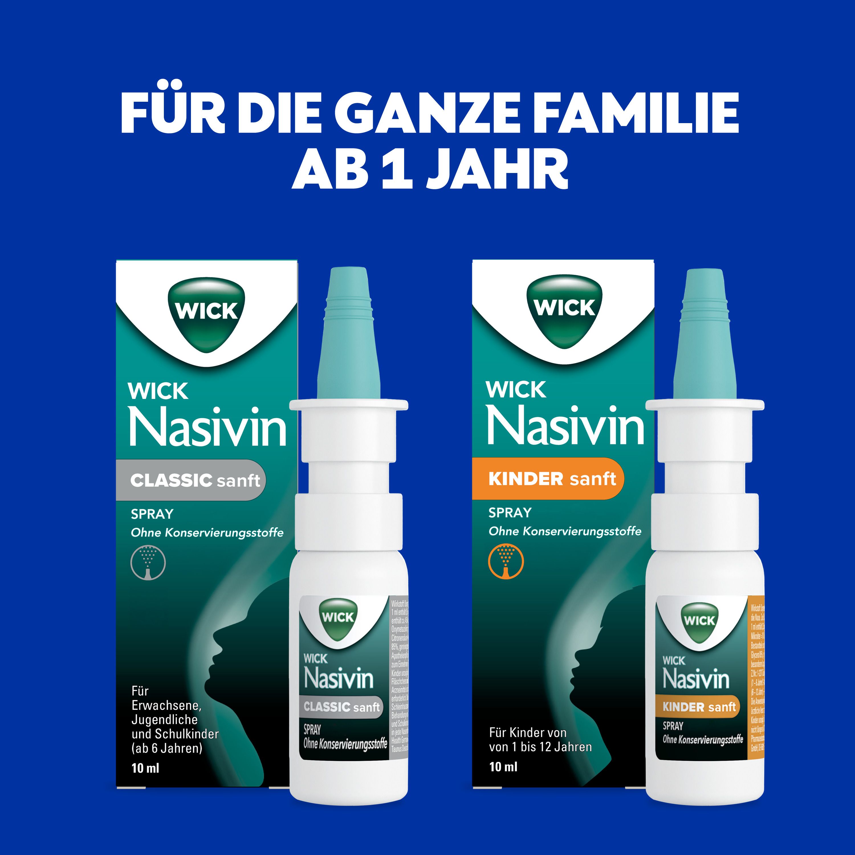 Zwei Nasenspray-Packungen. Text: Für die ganze Familie ab 1 Jahr. WICK Nasivin Classic & Kinder sanft.