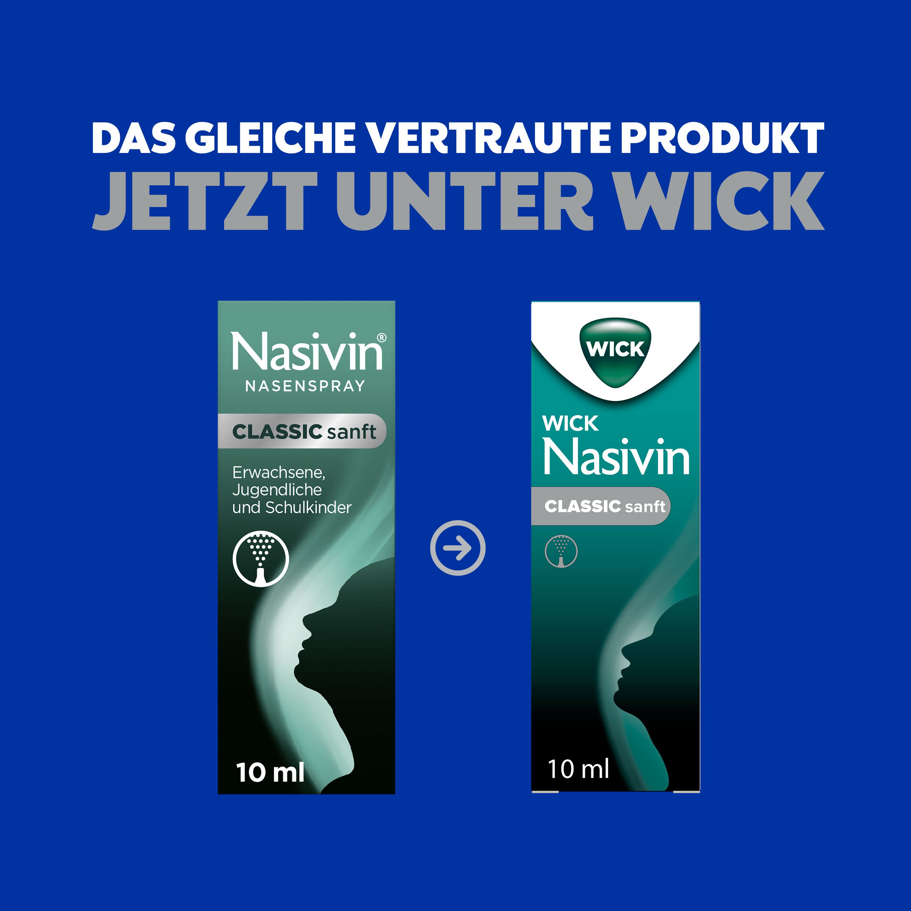 Vergleich von Nasenspray-Designs. Text: Das gleiche vertraute Produkt jetzt unter WICK.