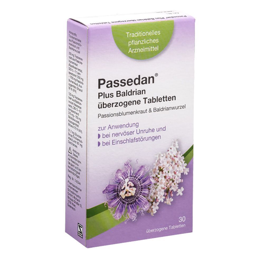 Schachtel mit Passedan Plus Baldrian Tabletten. Aufschrift: überzogene Tabletten, Passionsblumenkraut & Baldrianwurzel. 30 Tabletten.