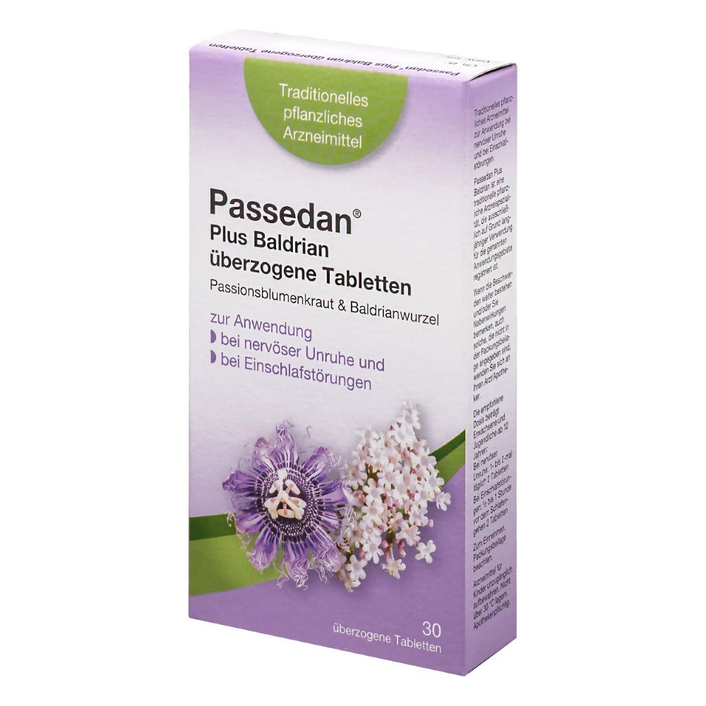 Schachtel mit Passedan Plus Baldrian Tabletten. Aufschrift: überzogene Tabletten, Passionsblumenkraut & Baldrianwurzel. 30 Tabletten.