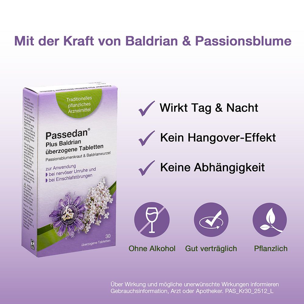 Produktverpackung mit Passedan Plus Baldrian Tabletten. Text: Wirkt Tag & Nacht, Kein Hangover-Effekt, Keine Abhängigkeit. Symbole.