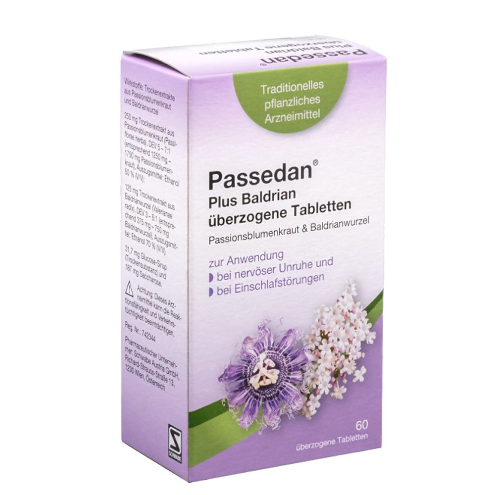 Schachtel Passedan Plus Baldrian Tabletten. Lila-weißes Design, Produktname und Blütenabbildung.