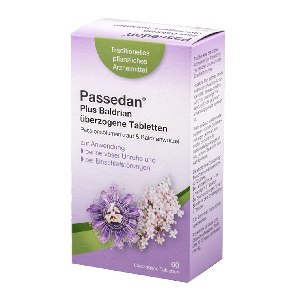 Schachtel Passedan Plus Baldrian Tabletten. Lila-weißes Design, Produktname und Blütenabbildung.