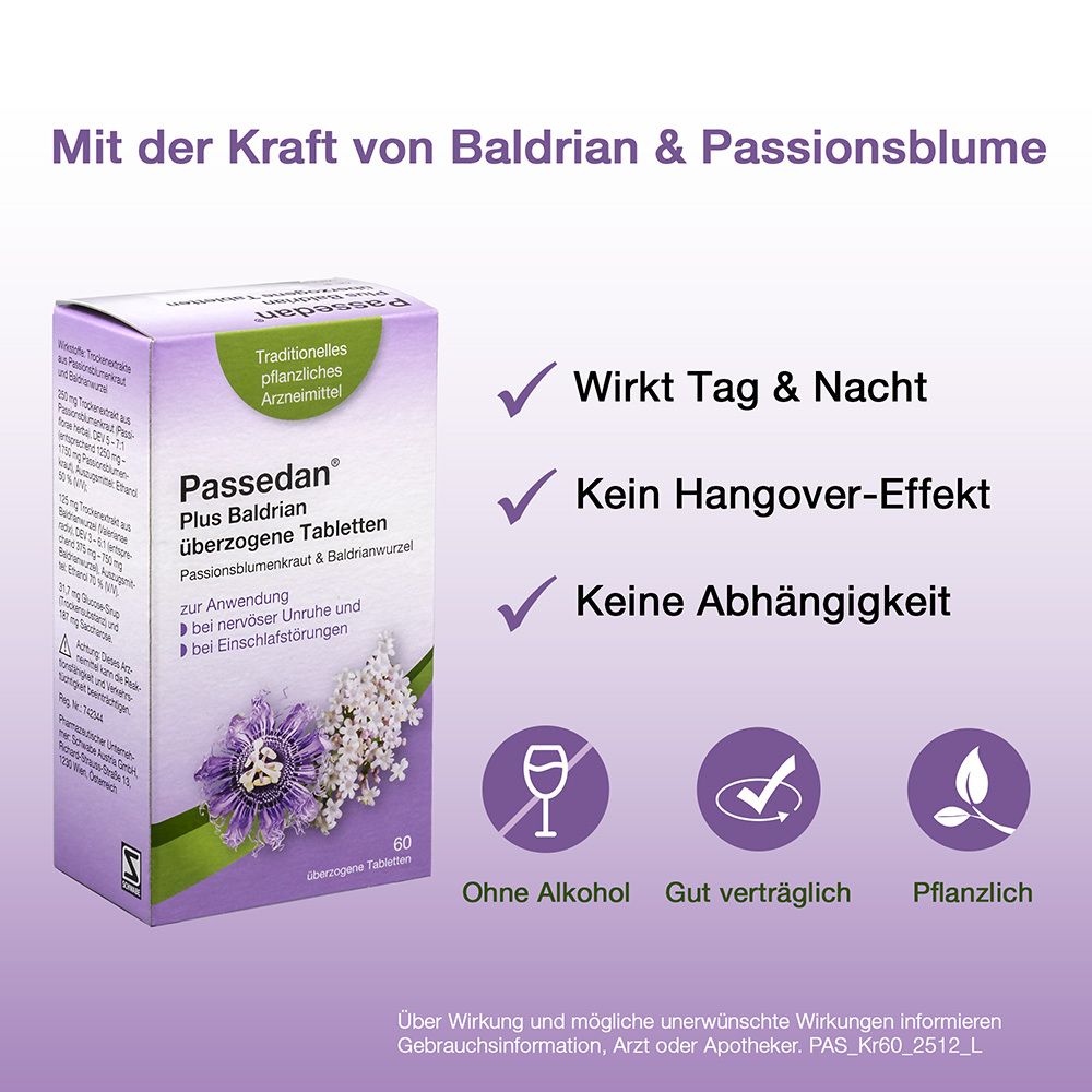 Werbung für Passedan Plus Baldrian Tabletten. Text und Symbole: Tag & Nacht, kein Hangover, keine Abhängigkeit.