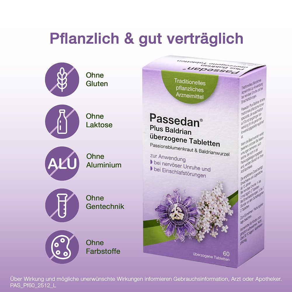 Werbung für Passedan Plus Baldrian Tabletten. Symbole: glutenfrei, laktosefrei, ohne Aluminium, Gentechnik, Farbstoffe.