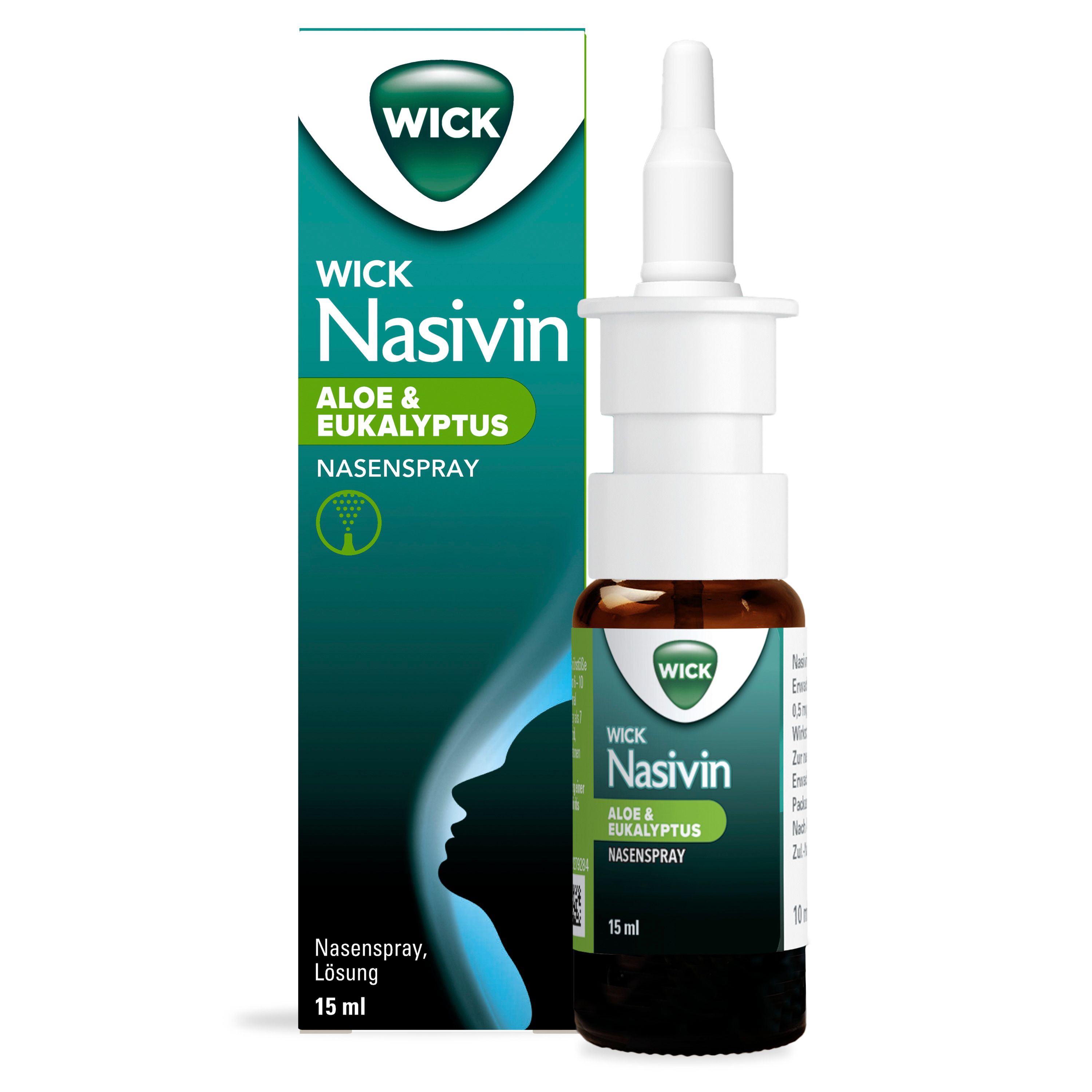 Nasenspray mit Verpackung. Flasche und Schachtel zeigen Produktnamen und Inhaltsstoffe. Grün-weißes Design.