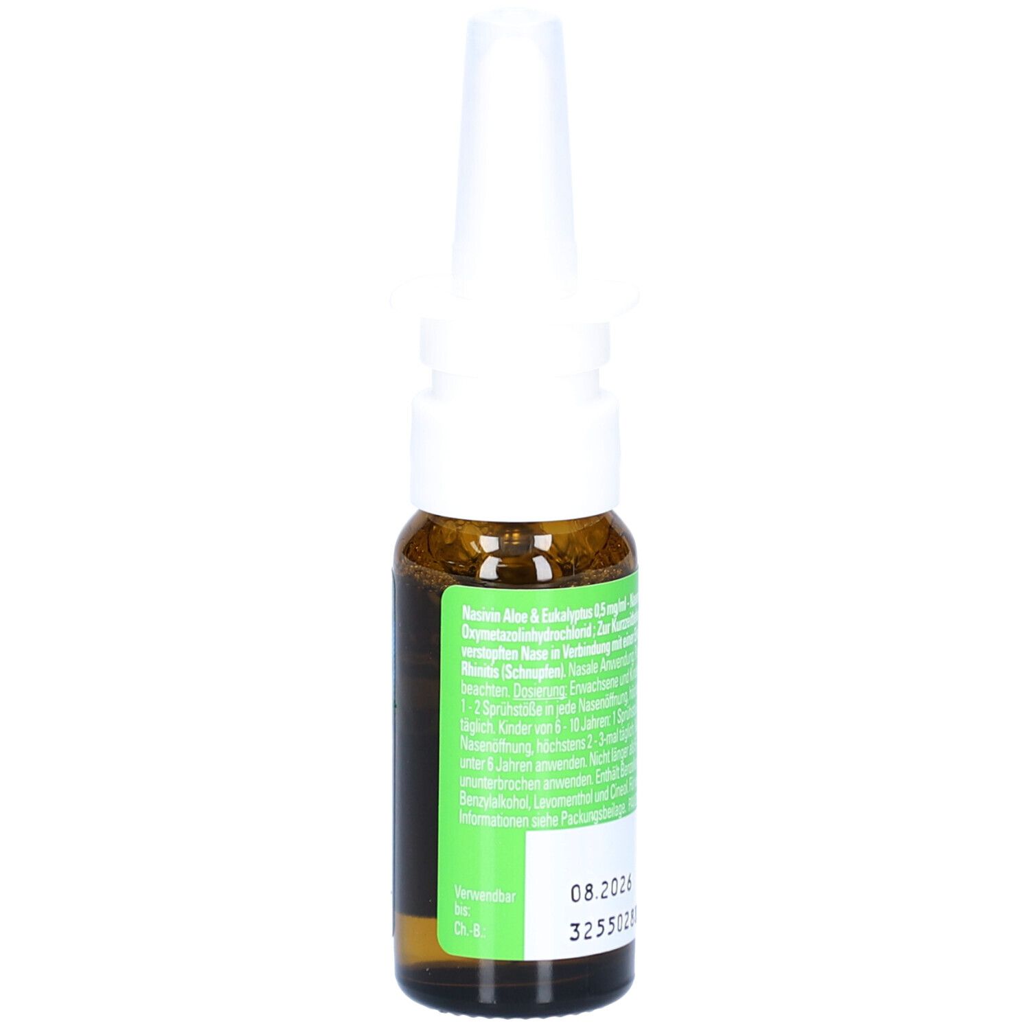 Nasenspray-Flasche mit weißem Sprühkopf. Aufschrift: Nasivin, Aloe & Eukalyptus. Braune Glasflasche mit grünem Etikett und Text.