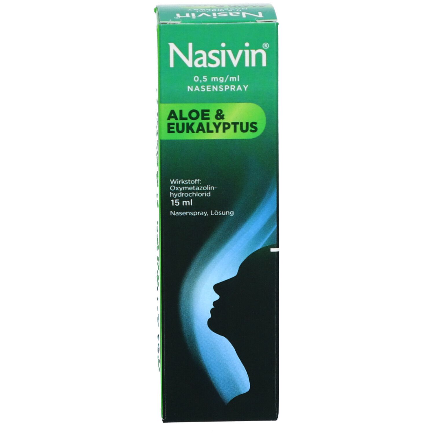 Grüne Schachtel mit Nasivin, Aloe & Eukalyptus. Aufschrift: Nasenspray. Blaues Design mit Profil.