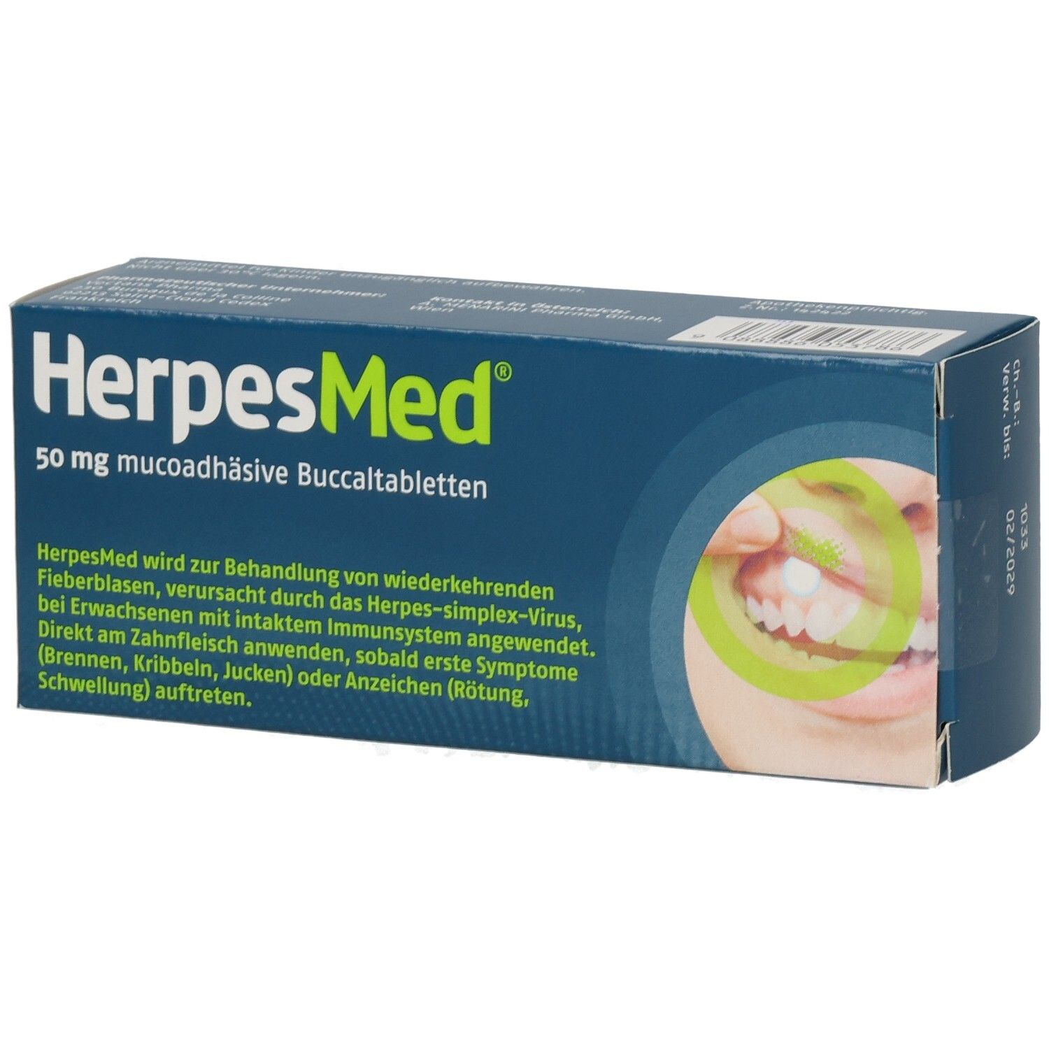 HerpesMed® 50 mg Buccaltabletten Packung. Blaue Schachtel mit Produktinformationen und einer Grafik von einem Mund.