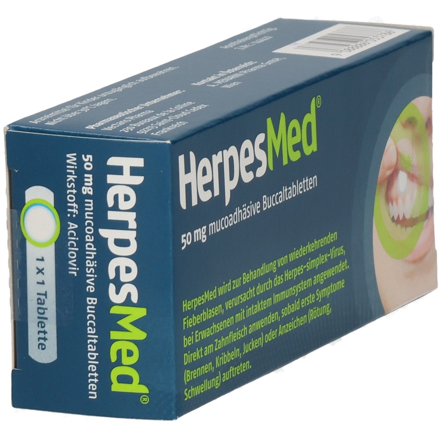 HerpesMed® 50 mg Buccaltabletten Packung, Seite. Blaue Schachtel mit Details zu Wirkstoff und Tablettenanzahl.