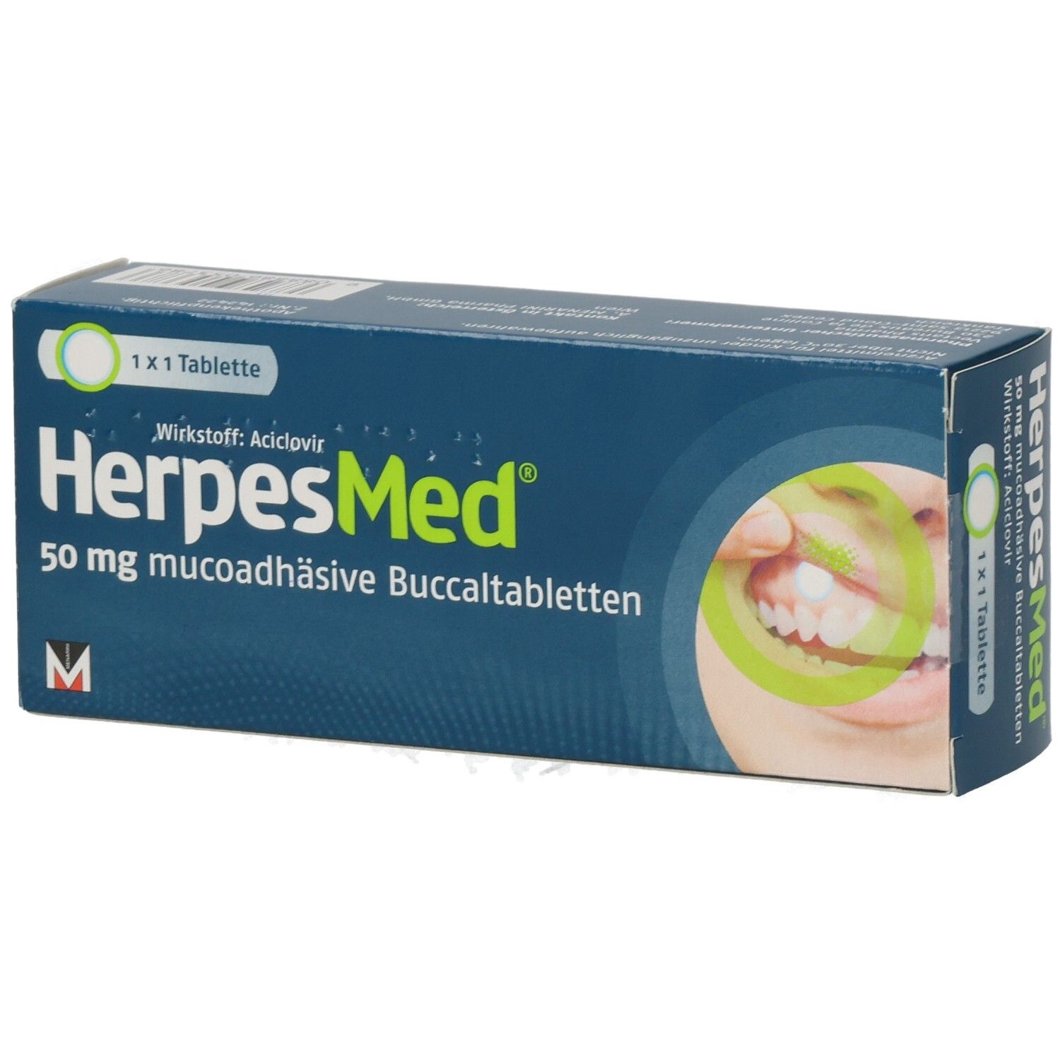 HerpesMed® 50 mg Buccaltabletten Packung, Vorderseite. Blaue Schachtel mit Produktname, Stärke und Anwendungsbeschreibung.