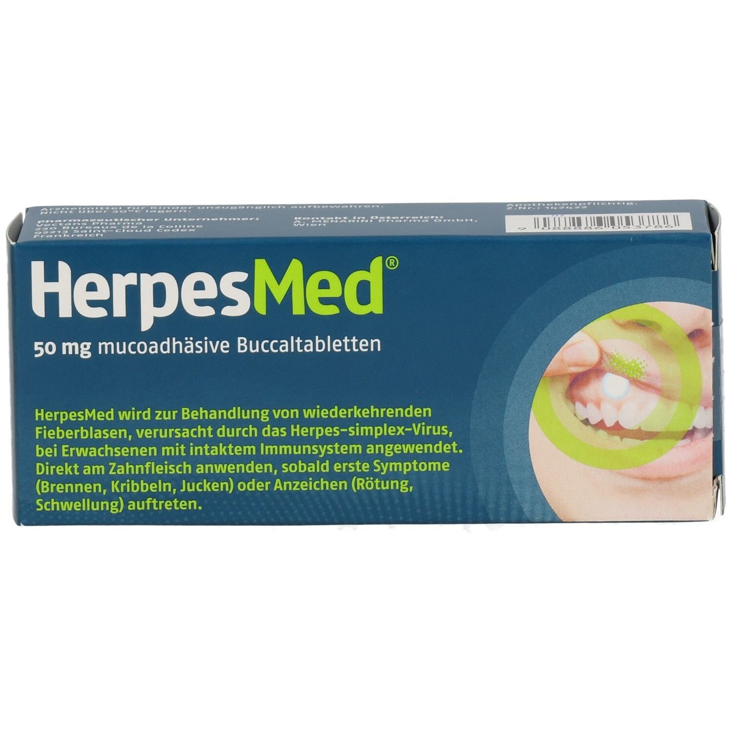 HerpesMed® 50 mg Buccaltabletten Packung. Blaue Schachtel mit Produktinformationen und einer Grafik von einem Mund.