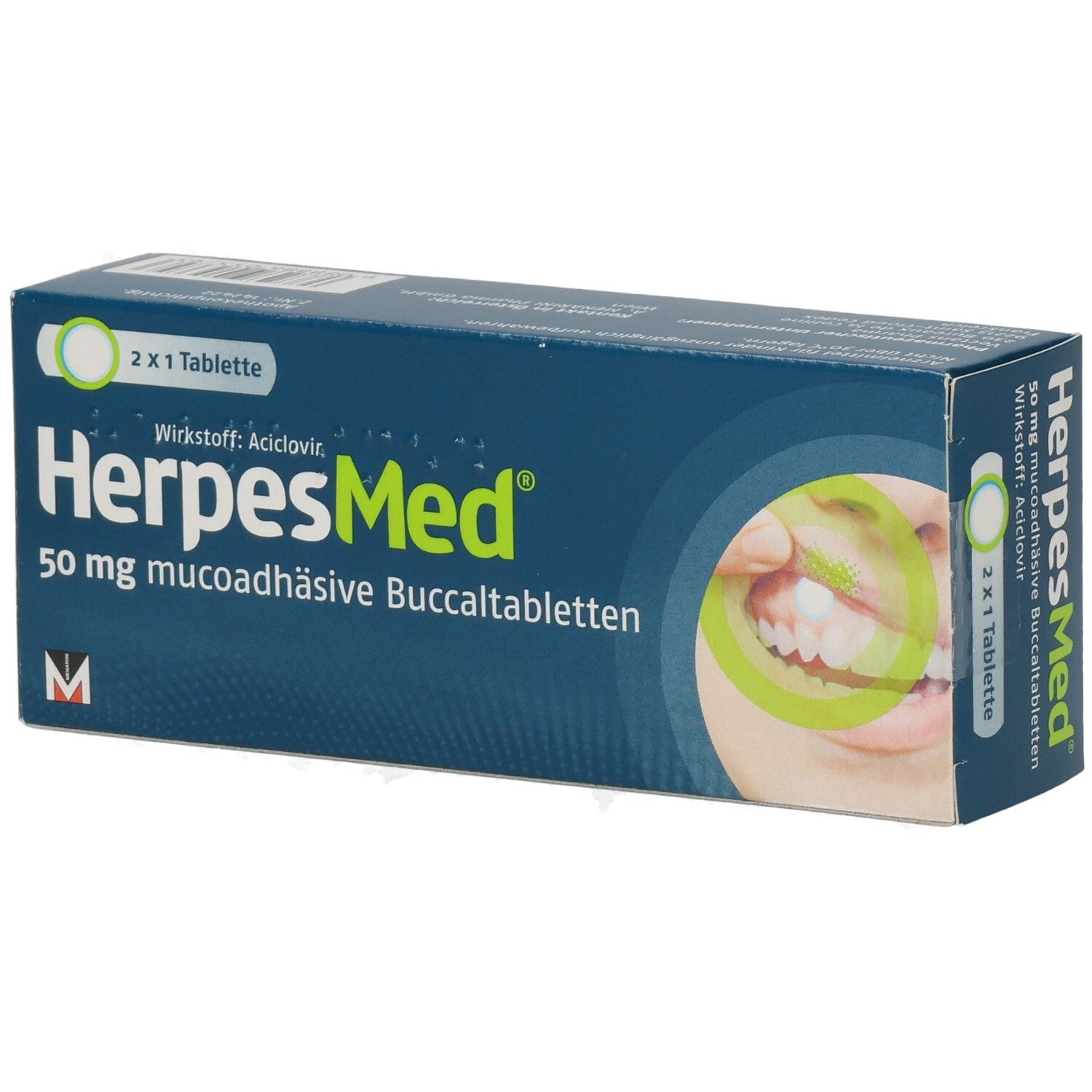 HerpesMed Packung: 2x1 Tablette, 50 mg mucoadhäsive Buccaltabletten, Wirkstoff Aciclovir.