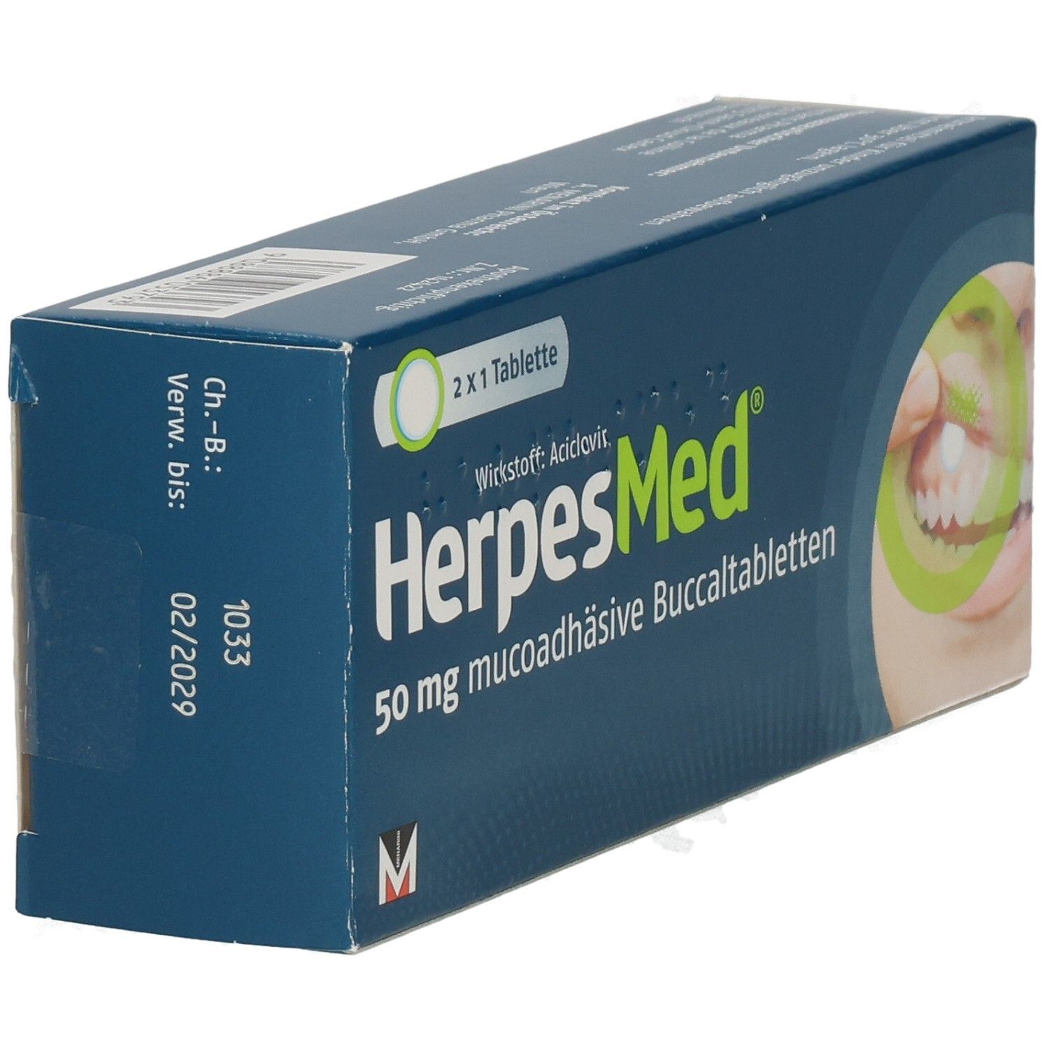 HerpesMed Packung Rückseite: Verfallsdatum 02/2029, Charge 1033.