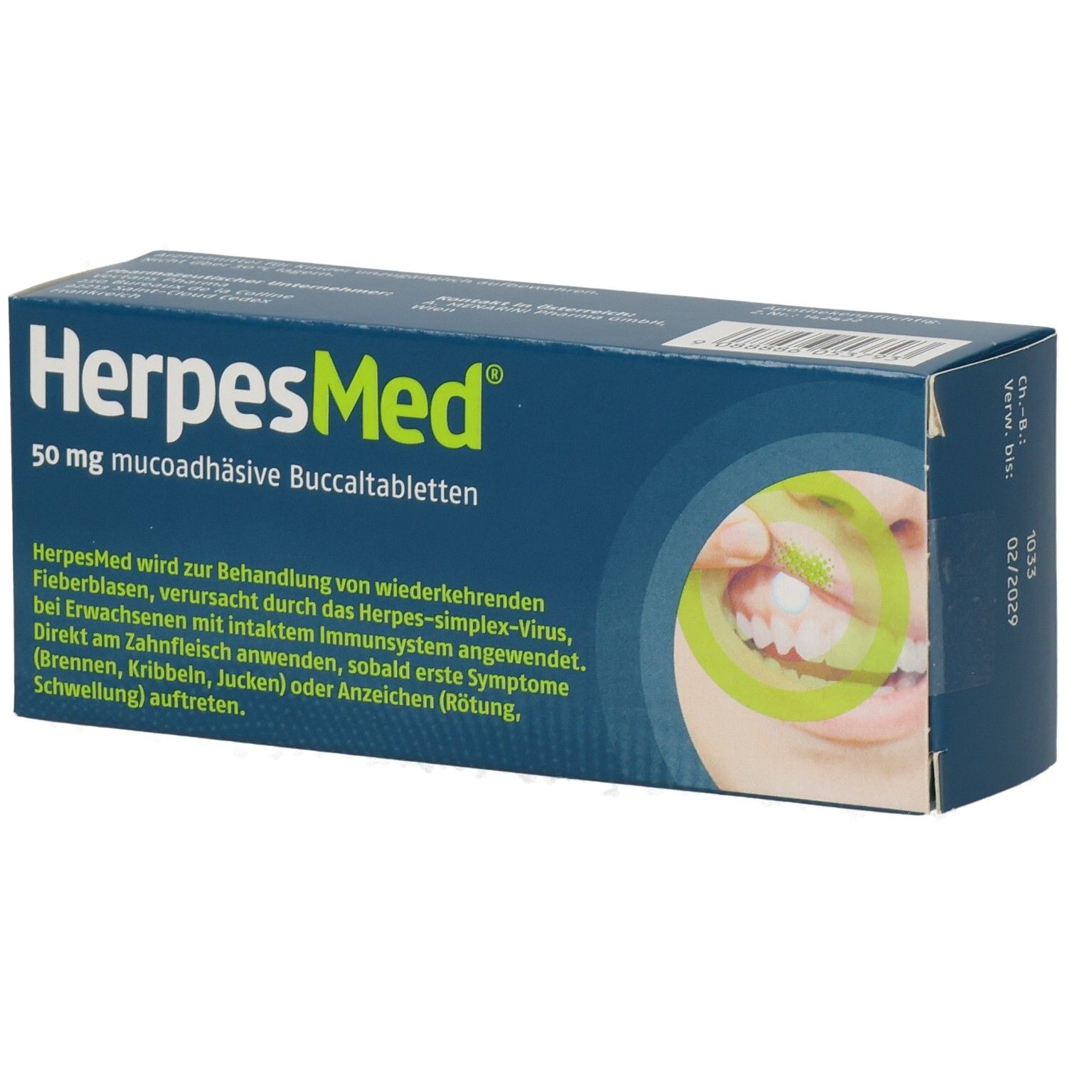 HerpesMed Packung: 50 mg mucoadhäsive Buccaltabletten zur Behandlung von Fieberblasen.