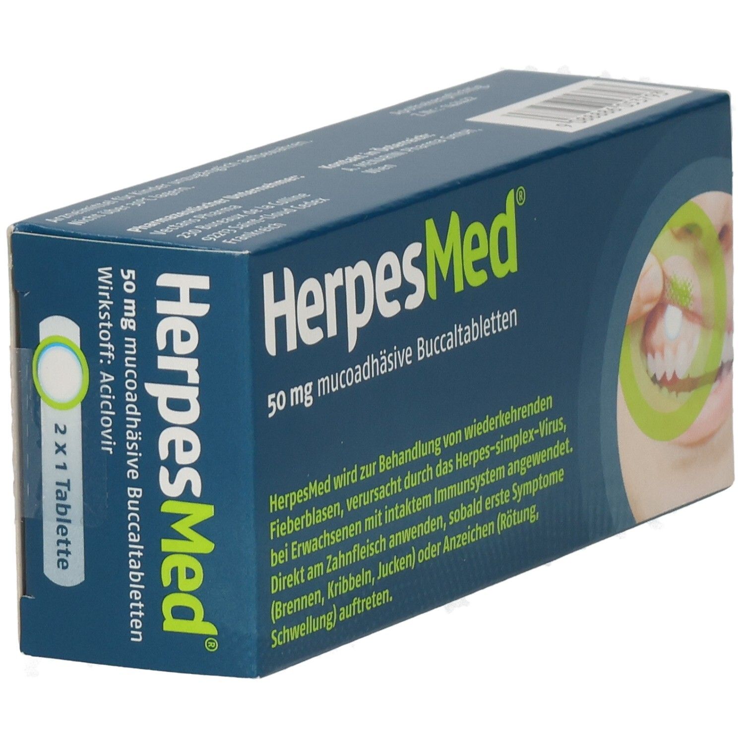 HerpesMed Packung: 50 mg mucoadhäsive Buccaltabletten, Wirkstoff Aciclovir, 2x1 Tablette.