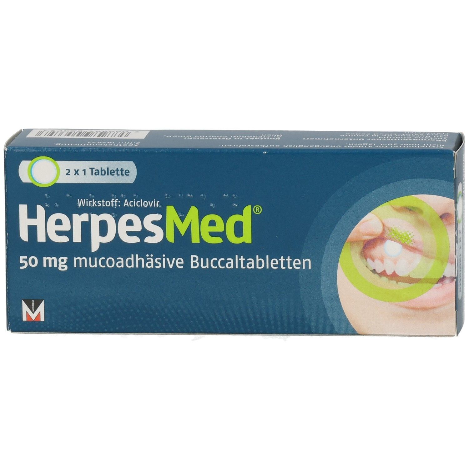 HerpesMed Packung: 2x1 Tablette, 50 mg mucoadhäsive Buccaltabletten, Wirkstoff Aciclovir.