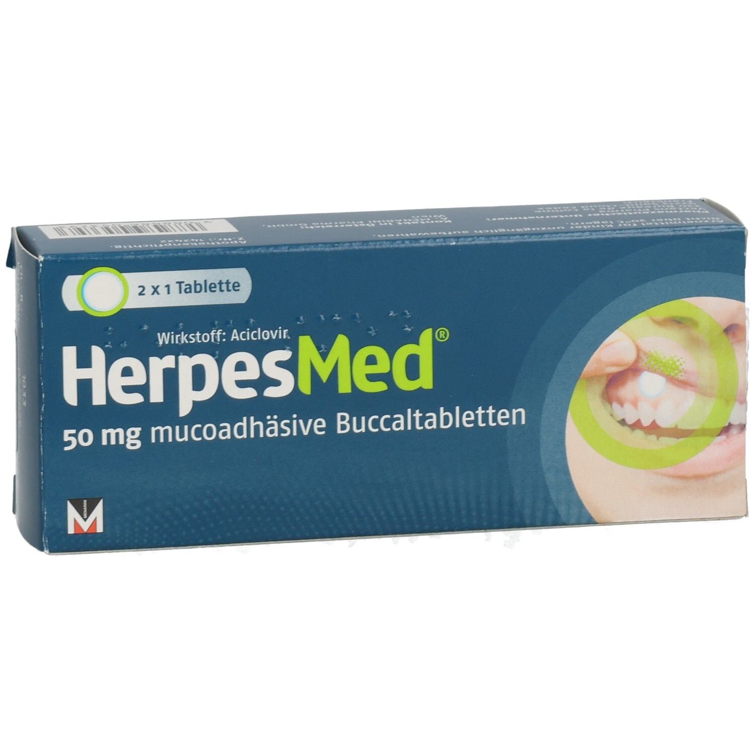 HerpesMed Packung: 2x1 Tablette, 50 mg mucoadhäsive Buccaltabletten, Wirkstoff Aciclovir.
