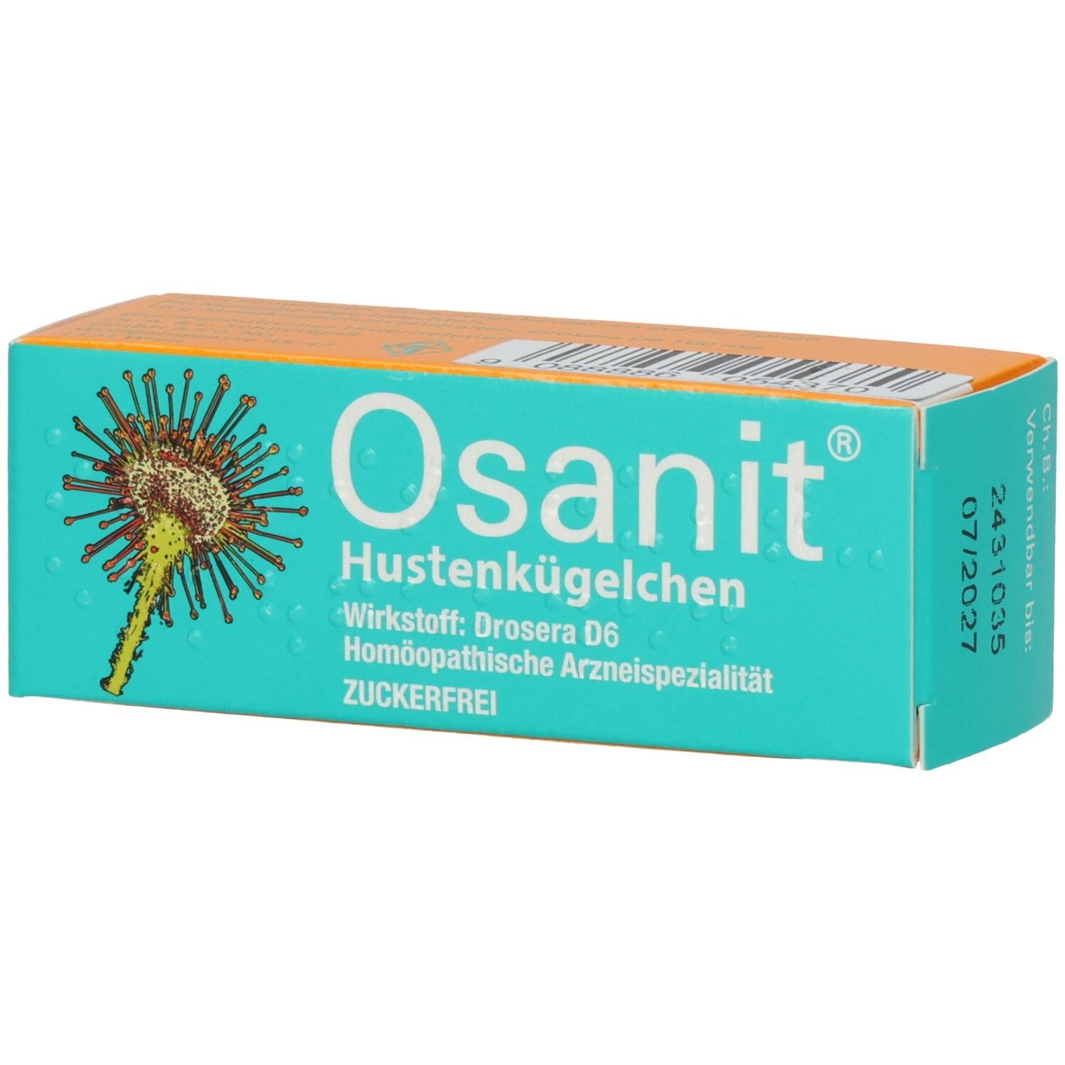Türkis-orange Schachtel mit Osanit-Logo und Text. Enthält Hustenkügelchen. Aufdrucke: Wirkstoff, homöopathische Arzneispezialität, zuckerfrei.