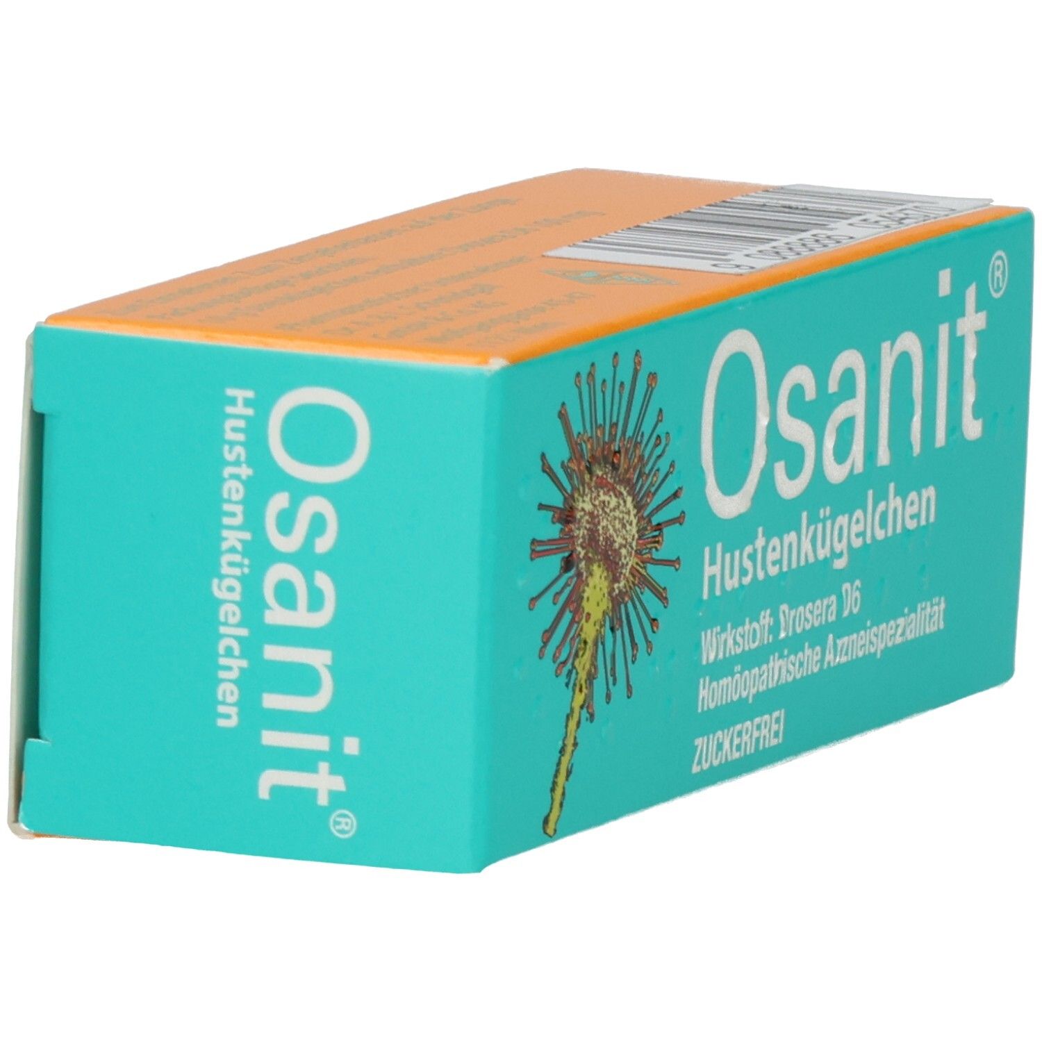 Türkis-orange Schachtel, Osanit-Logo und Text. Enthält Hustenkügelchen. Aufdrucke: Wirkstoff, homöopathische Arzneispezialität, zuckerfrei. Schachtel schräg.