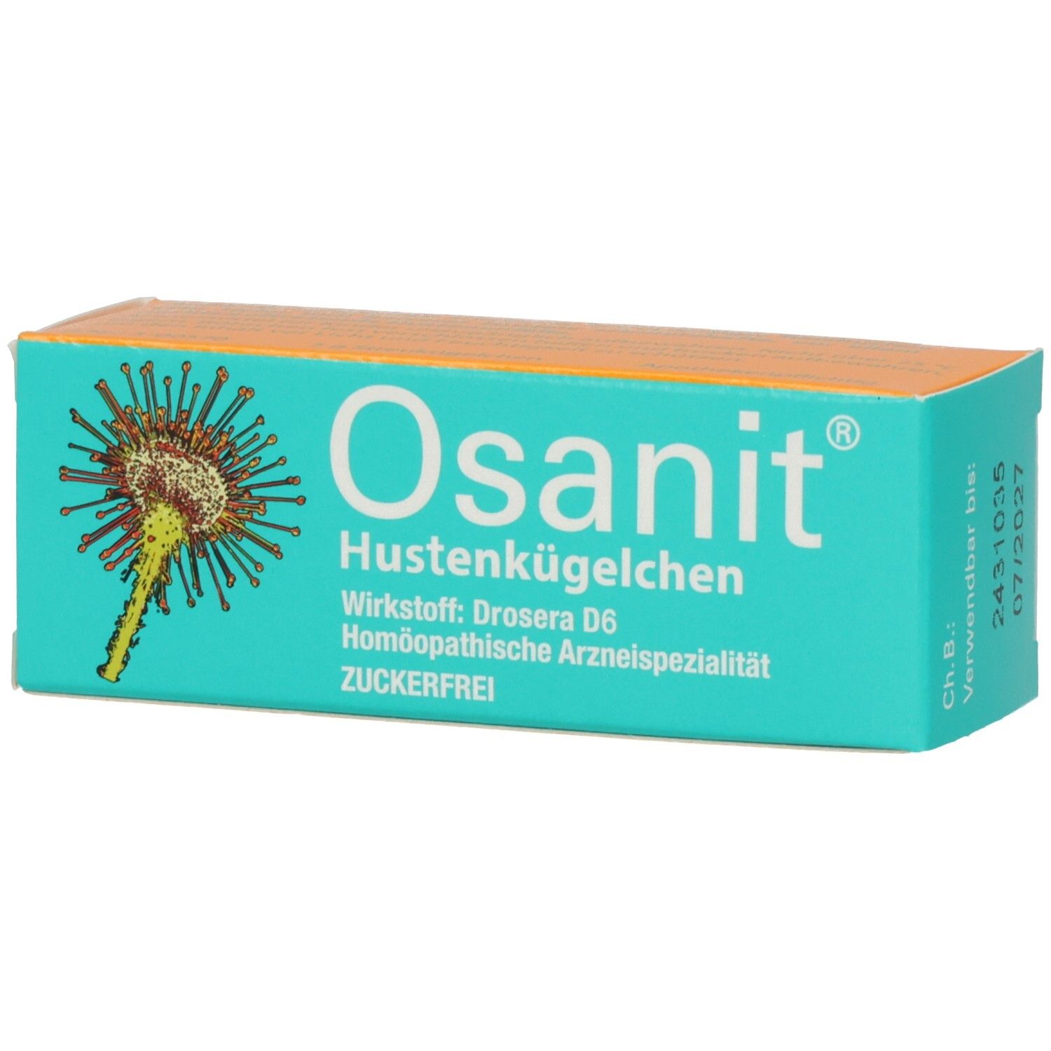 Türkis-orange Schachtel mit Osanit-Logo und Text. Enthält Hustenkügelchen. Aufdrucke: Wirkstoff, homöopathische Arzneispezialität, zuckerfrei.
