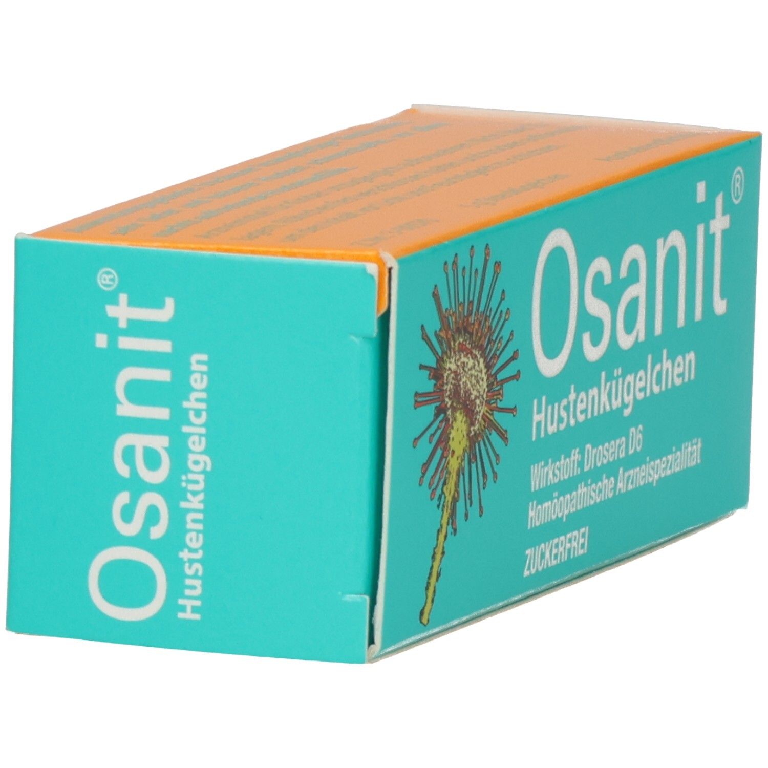 Türkis-orange Schachtel, Osanit-Logo und Text. Enthält Hustenkügelchen. Aufdrucke: Wirkstoff, homöopathische Arzneispezialität, zuckerfrei. Schachtel schräg.