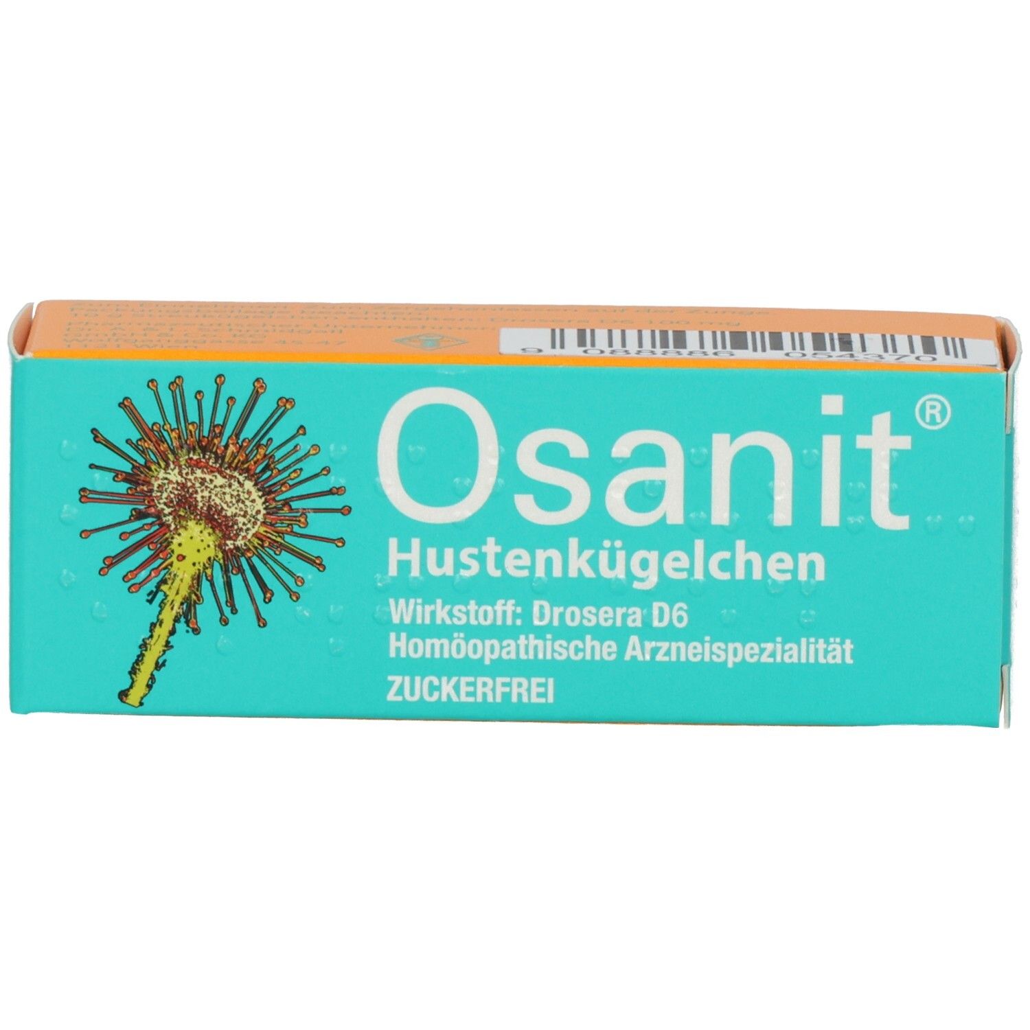 Türkis-orange Schachtel mit Osanit-Logo und Text. Enthält Hustenkügelchen. Aufdrucke: Wirkstoff, homöopathische Arzneispezialität, zuckerfrei.