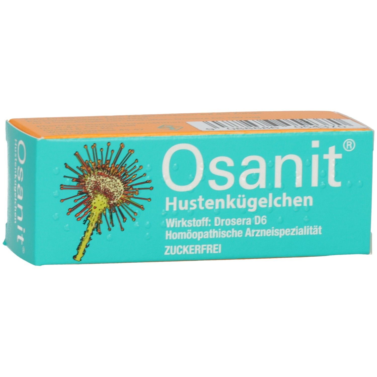 Türkis-orange Schachtel mit Osanit-Logo und Text. Enthält Hustenkügelchen. Aufdrucke: Wirkstoff, homöopathische Arzneispezialität, zuckerfrei.