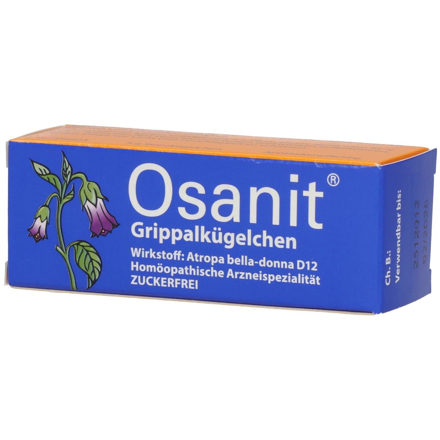 Blau-orange Schachtel mit Produktnamen Osanit Grippalkügelchen. Enthält Wirkstoffinformationen und das Logo.