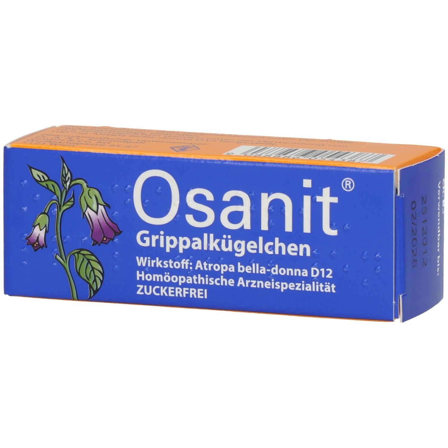 Blau-orange Schachtel mit Produktnamen Osanit Grippalkügelchen. Enthält Wirkstoffinformationen und das Logo.
