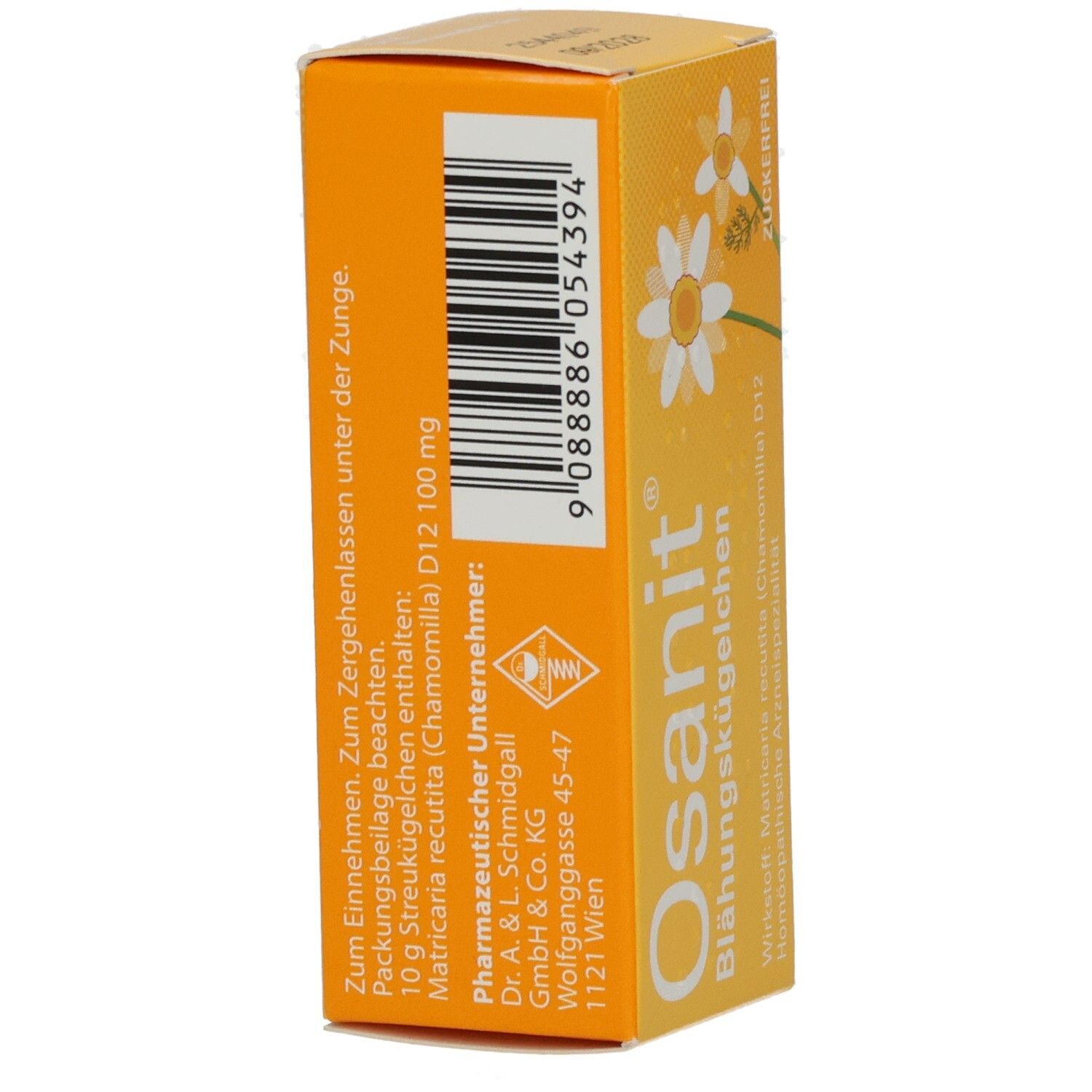 Rückseite der Osanit® Blähungskügelchen-Verpackung. Gelbe Schachtel mit Barcode und Text. Herstellerinformationen.