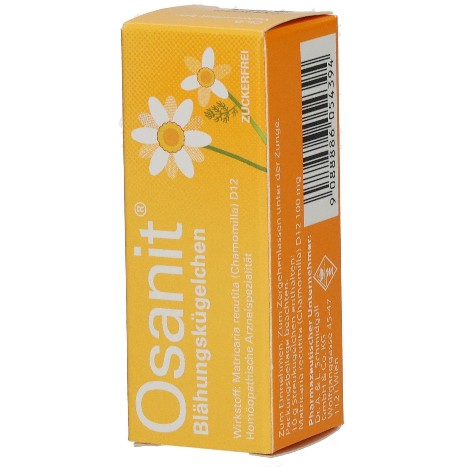 Osanit® Blähungskügelchen-Verpackung. Gelbe Schachtel mit Kamillenblüten-Illustration. Text: Wirkstoff, Anwendung, Hersteller.