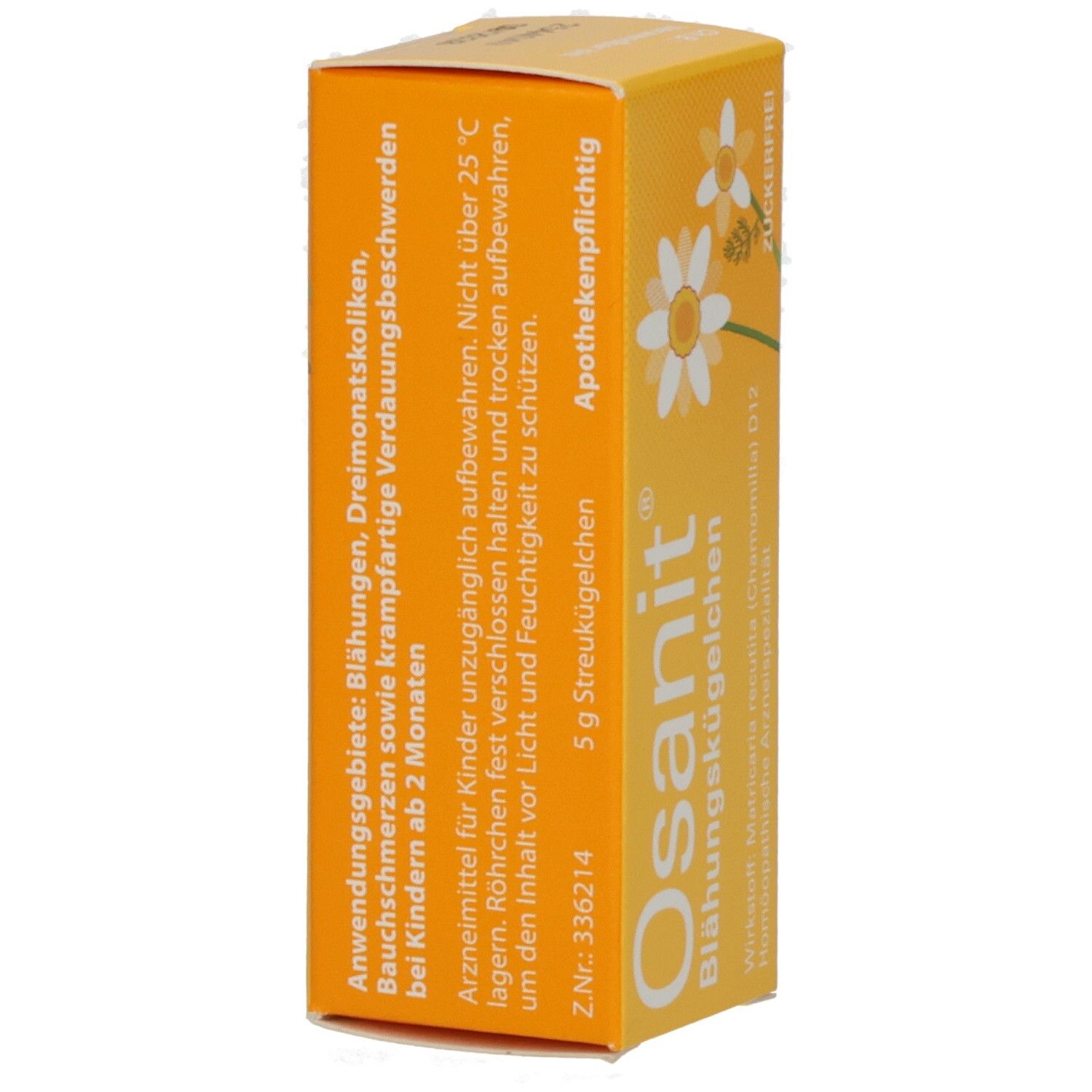 Osanit® Blähungskügelchen-Verpackung. Gelbe Schachtel mit Text: Anwendungsgebiete, Apothekenpflichtig, 5 g Streukügelchen.