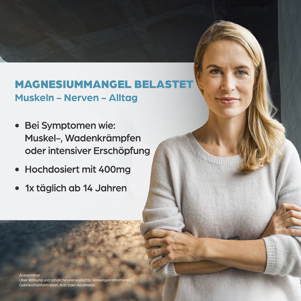 Frau mit Text: Magnesiummangel belastet Muskeln, Nerven, Alltag. Text: 400mg, 1x täglich.