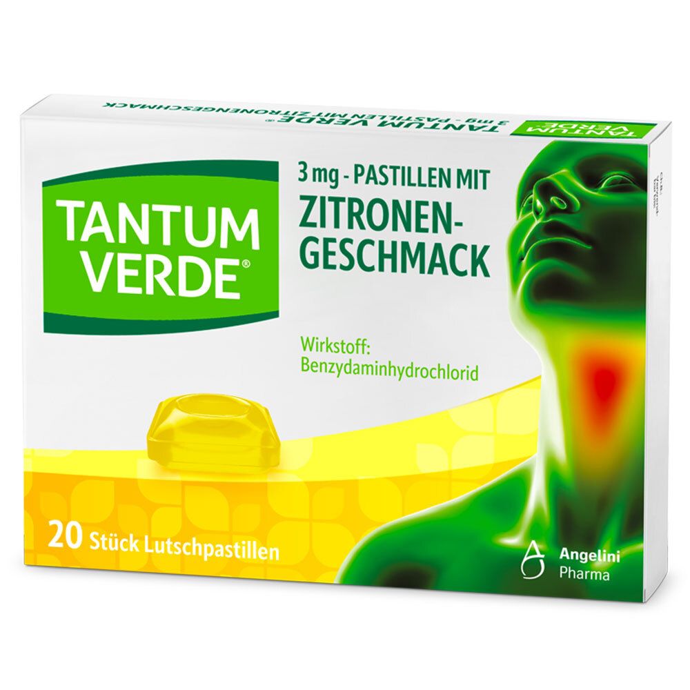 Tantum Verde Halspastillen Zitrone, 20 Stück Packung mit Abbildung eines Halses.