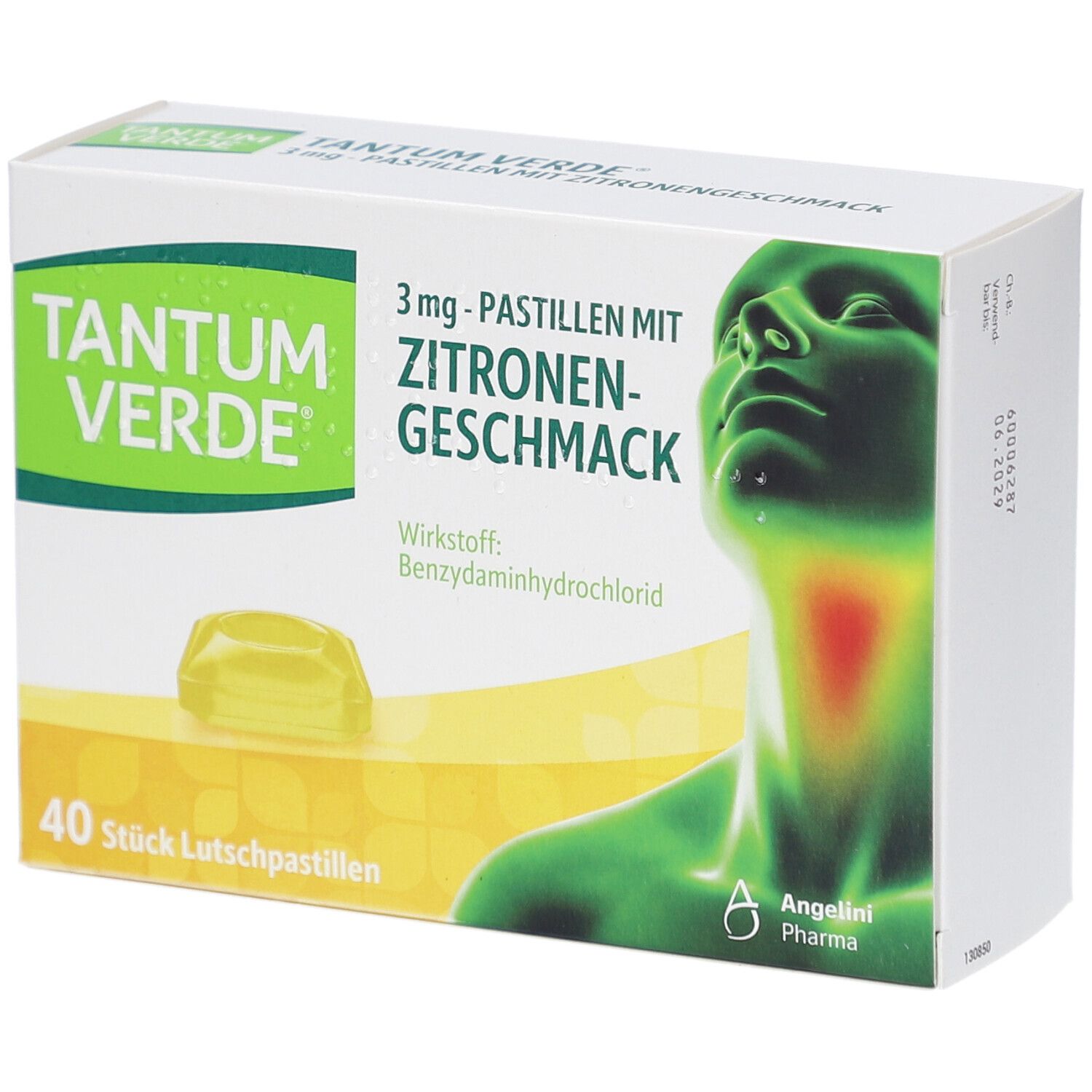 Schachtel mit TANTUM VERDE, Zitronengeschmack. 40 Lutschpastillen. Abbildung eines Halses mit Schmerzbereich.
