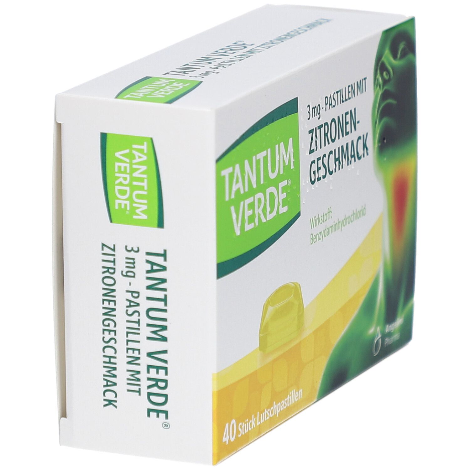 Schachtel TANTUM VERDE, Zitronengeschmack. 40 Lutschpastillen. Perspektivische Ansicht der Verpackung.