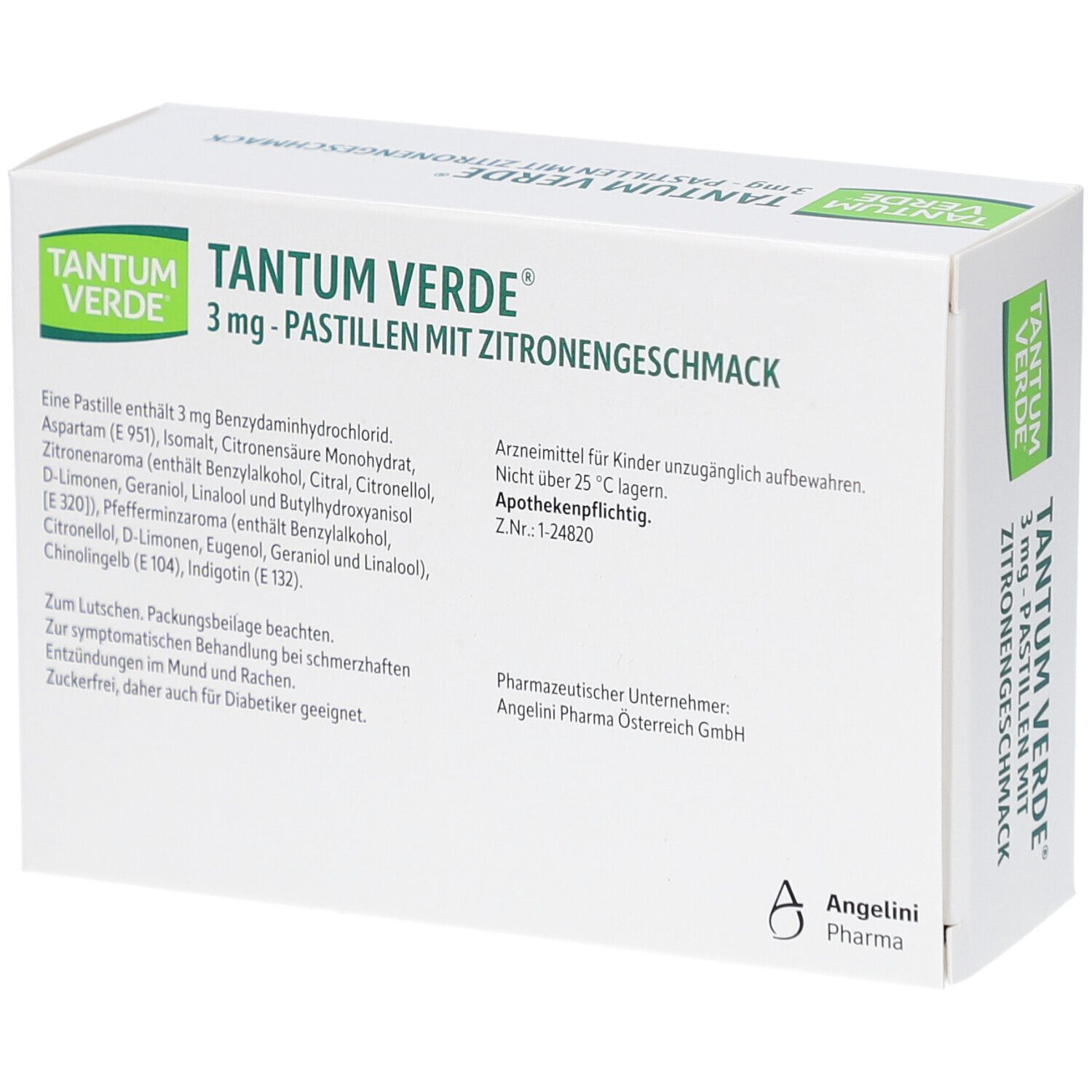 Schachtel TANTUM VERDE, Zitronengeschmack. Text mit Inhaltsstoffen und Herstellerinformationen.